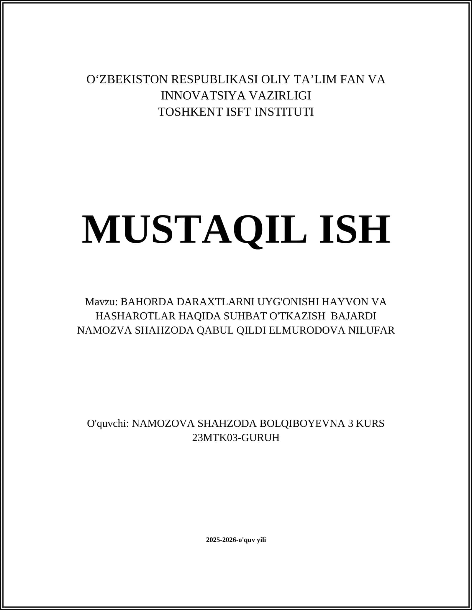 BAHORDA DARAXTLARNI UYG'ONISHI HAYVON VA HASHAROTLAR HAQIDA SUHBAT O'TKAZISH 1