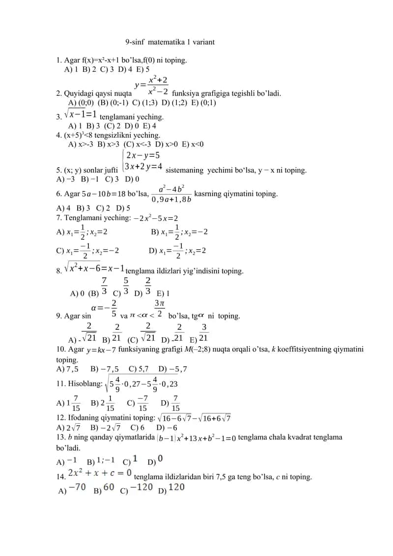 Matematikadan Olimpiada savollari 1