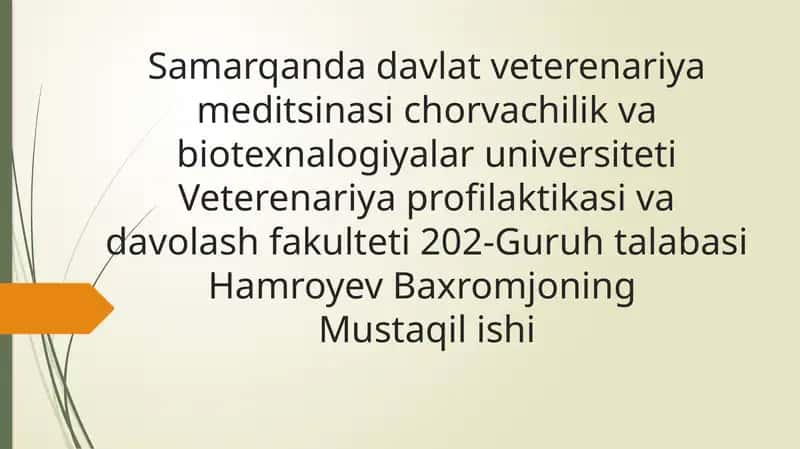 Samarqand davlat veterinariya meditsinasi chorvachilik va biotexnologiyalar universiteti Veterinariya profilaktikasi va davolash fakulteti 202-Guruh talabasi Hamroyev Baxromjonning Mustaqilishi 1