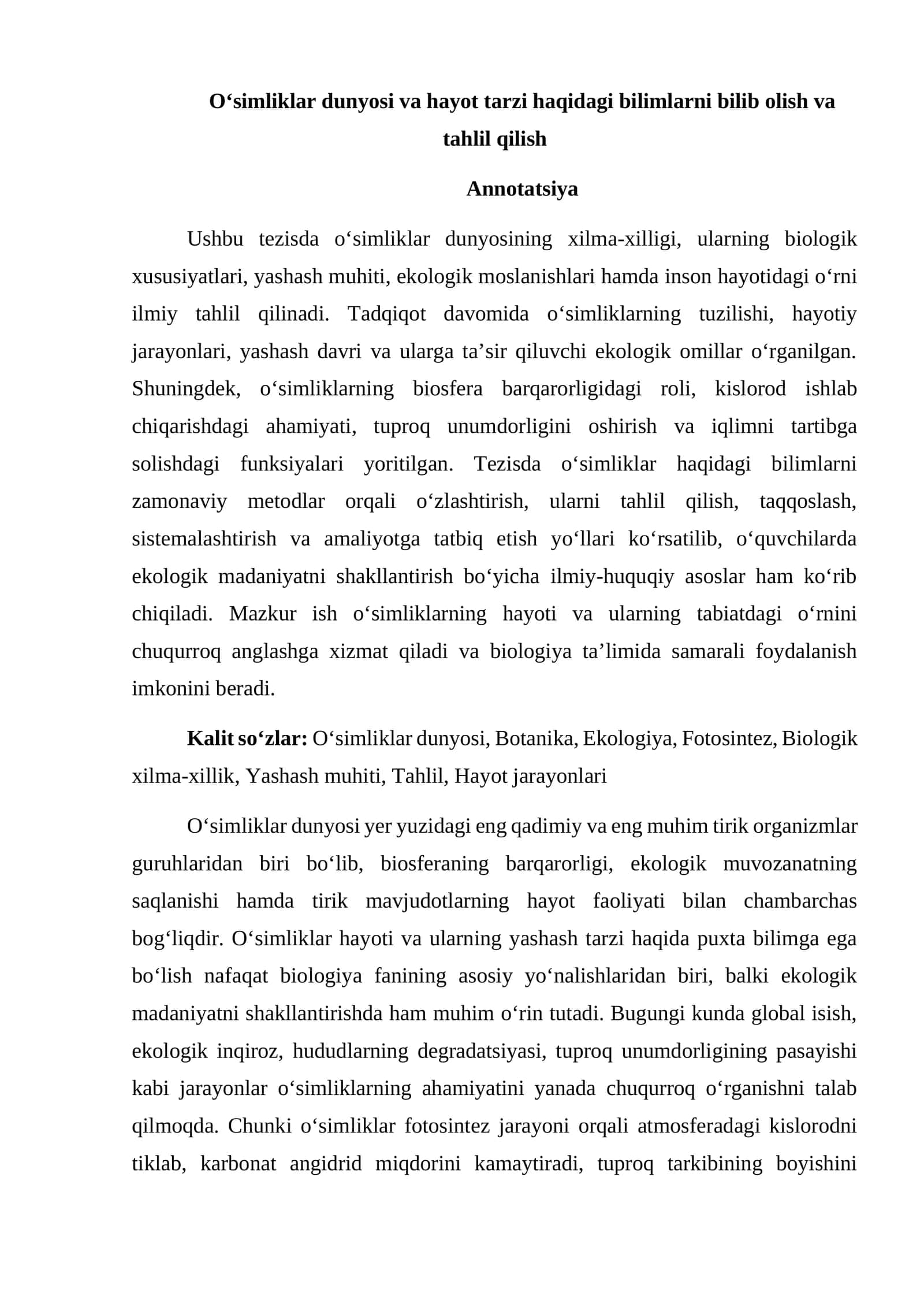 O‘simliklar dunyosi va hayot tarzi haqidagi bilimlarni bilib olish va tahlil qilish 1