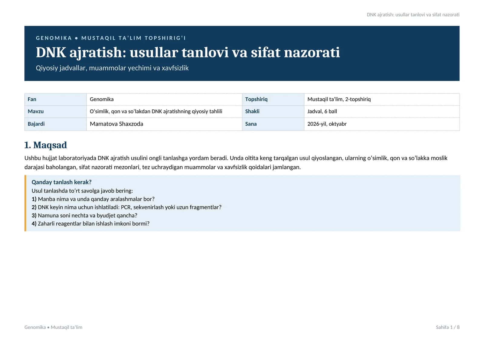 DNK ajratish: usullar tanlovi va sifat nazorati 1