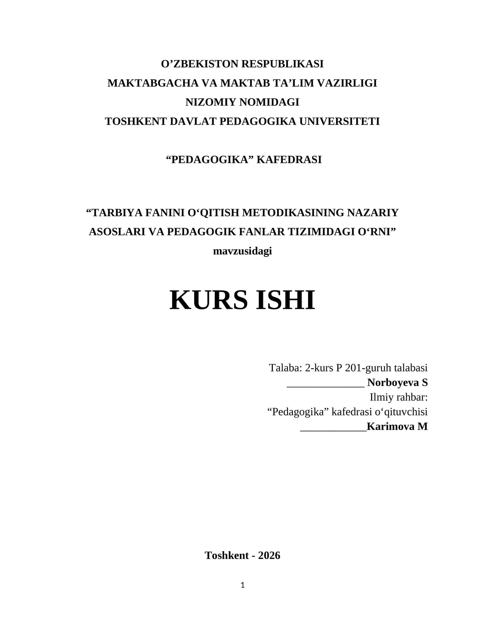 TARBIYA FANINI O‘QITISH METODIKASI 1