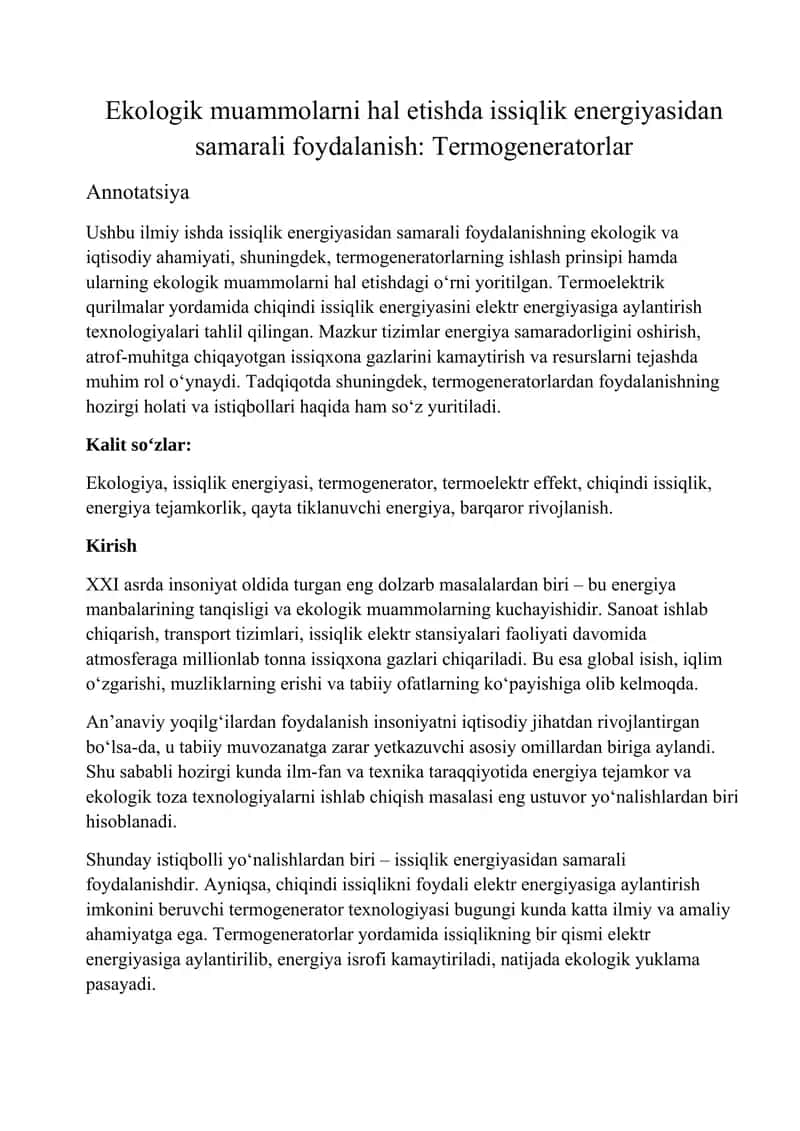 Ekologik muammolarni hal etishda issiqlik energiyasidan samarali foydalanish: Termogeneratorlar 1
