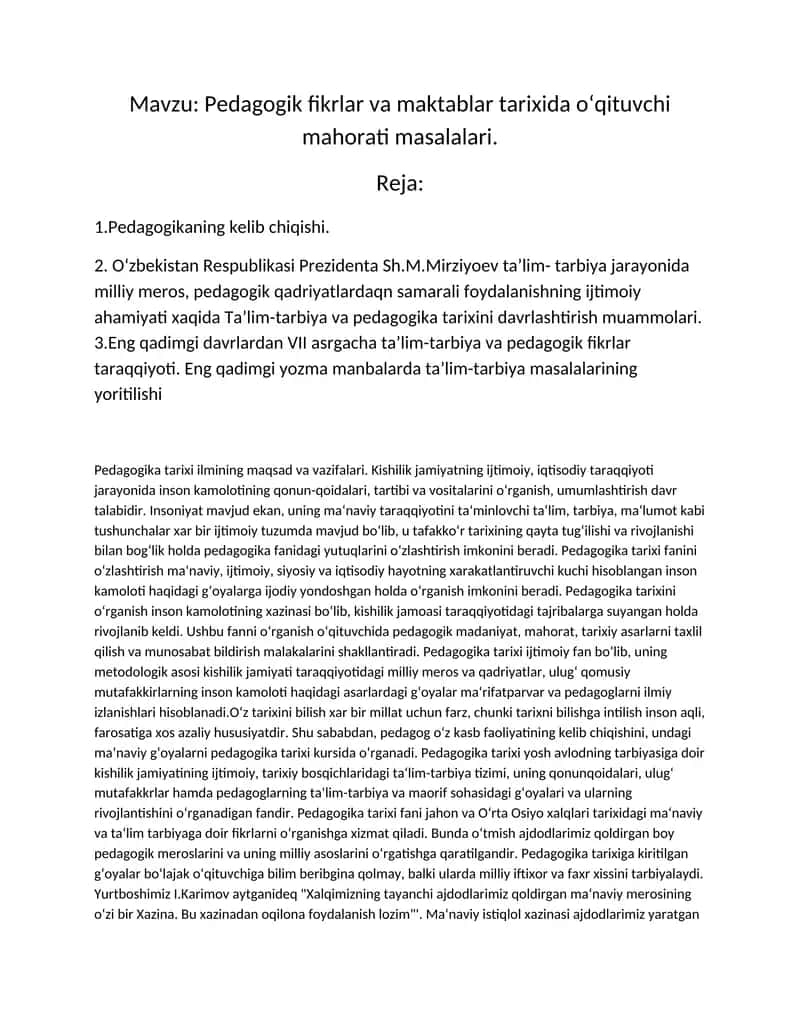 Pedagogik fikrlar va maktablar tarixida oʻqituvchi mahorati masalalari 1