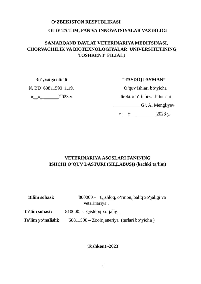 VETERINARIYA ASOSLARI FANINING ISHCHI O‘QUV DASTURI (SILLABUSI) 1