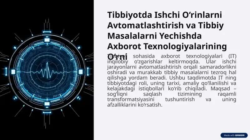 Tibbiyotda Ishchi O‘rinlarni Avtomatlashtirish va Tibbiy Masalalarni Yechishda Axborot Texnologiyalarining O‘rni 1