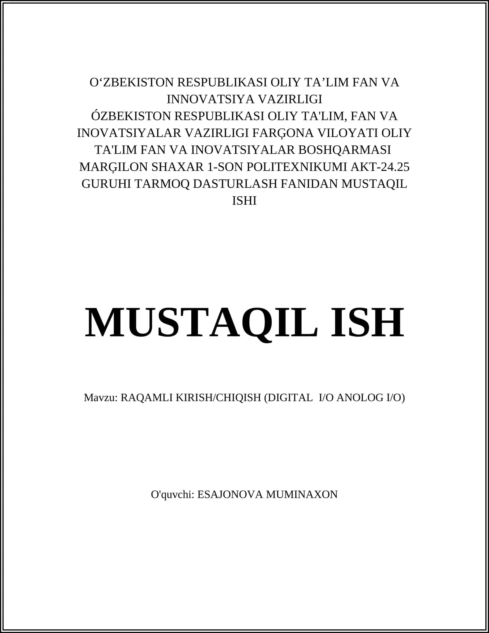 RAQAMLI KIRISH/CHIQISH (DIGITAL I/O ANOLOG I/O) 1