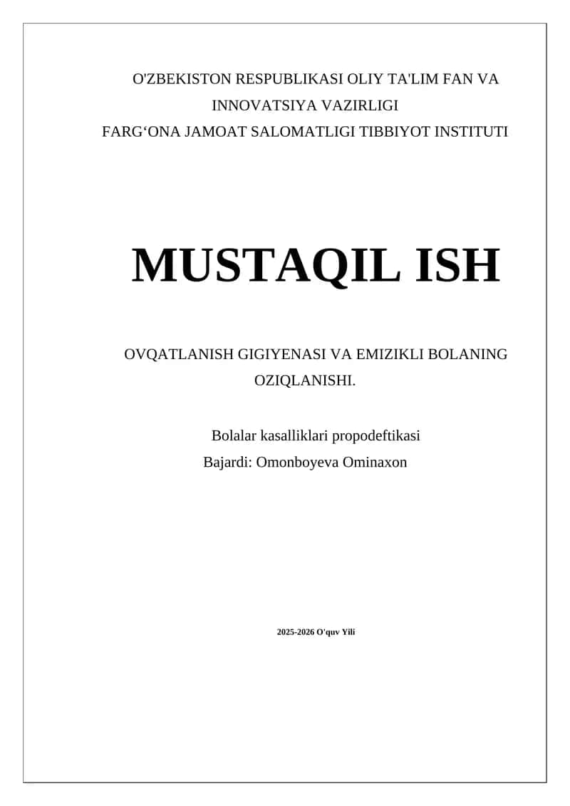 Ovqatlanish Gigiyenasi va Emizikli Bolaning Oziqlanishi 1