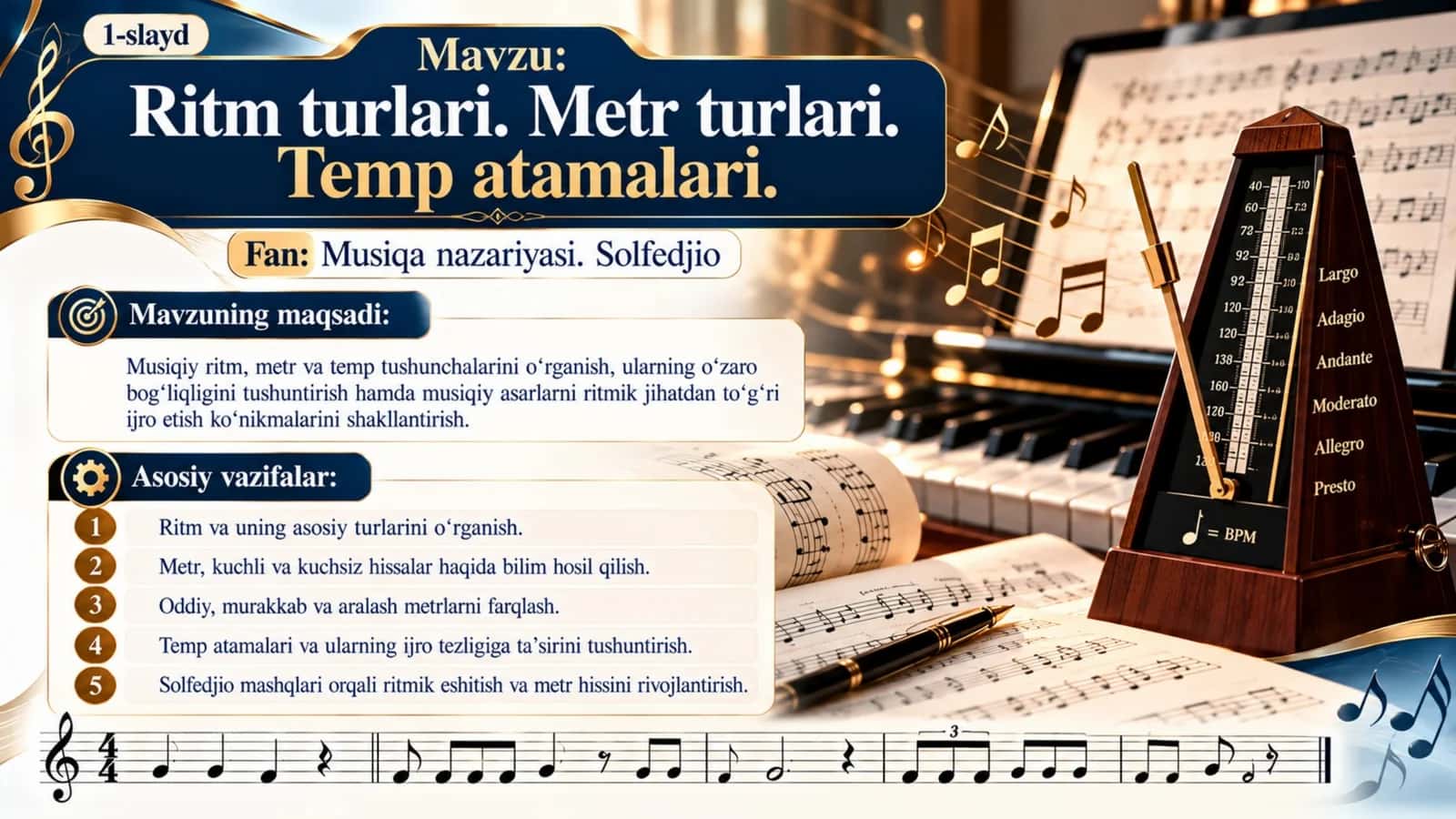 Ritm turlari, metr turlari va temp atamalari — 15 slaydli professional taqdimot 1