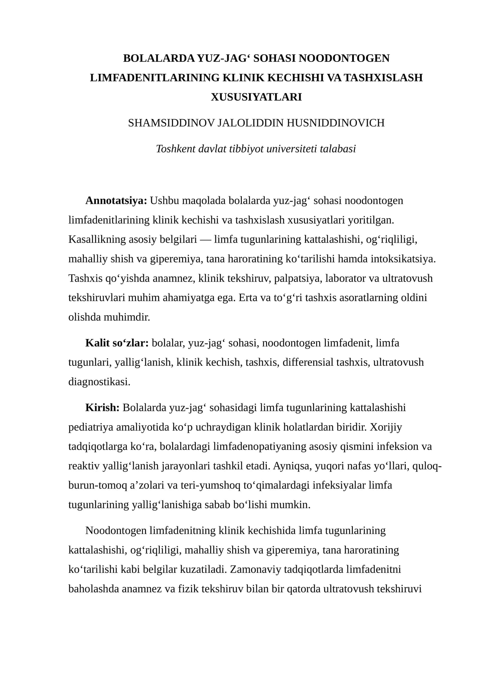 BOLALARDA YUZ-JAG‘ SOHASI NOODONTOGEN LIMFADENITLARINING KLINIK KECHISHI VA TASHXISLASH XUSUSIYATLARI 1