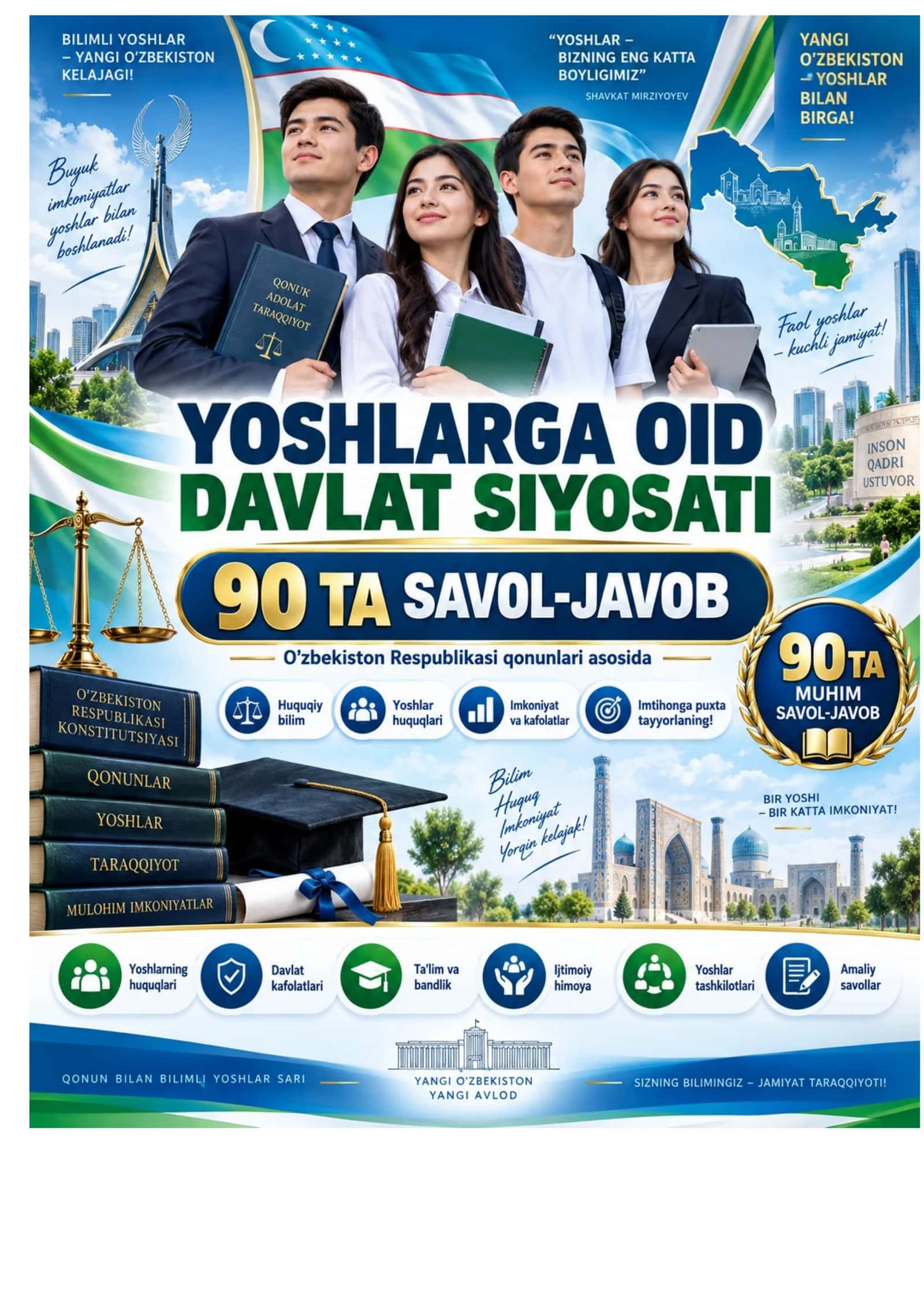 Yoshlarga oid davlat siyosati | 90 ta savol-javob | O‘zbekiston qonunlari asosida 1