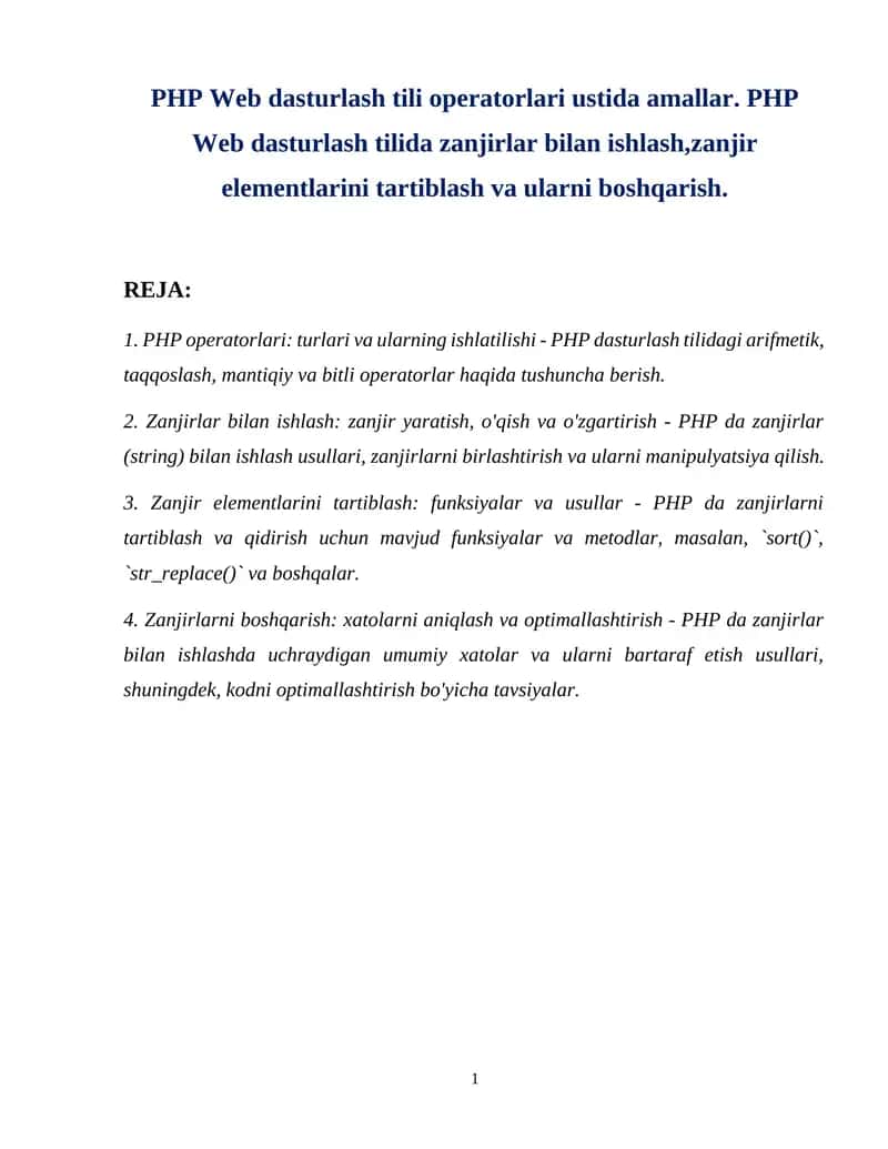PHP Web dasturlash tili operatorlari ustida amallar 1