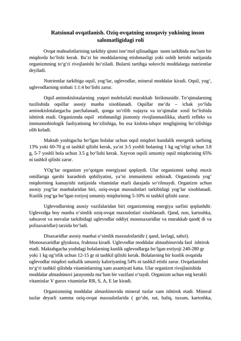 Ratsional ovqatlanish. Oziq-ovqatning ozuqaviy yukining inson salomatligidagi roli 1