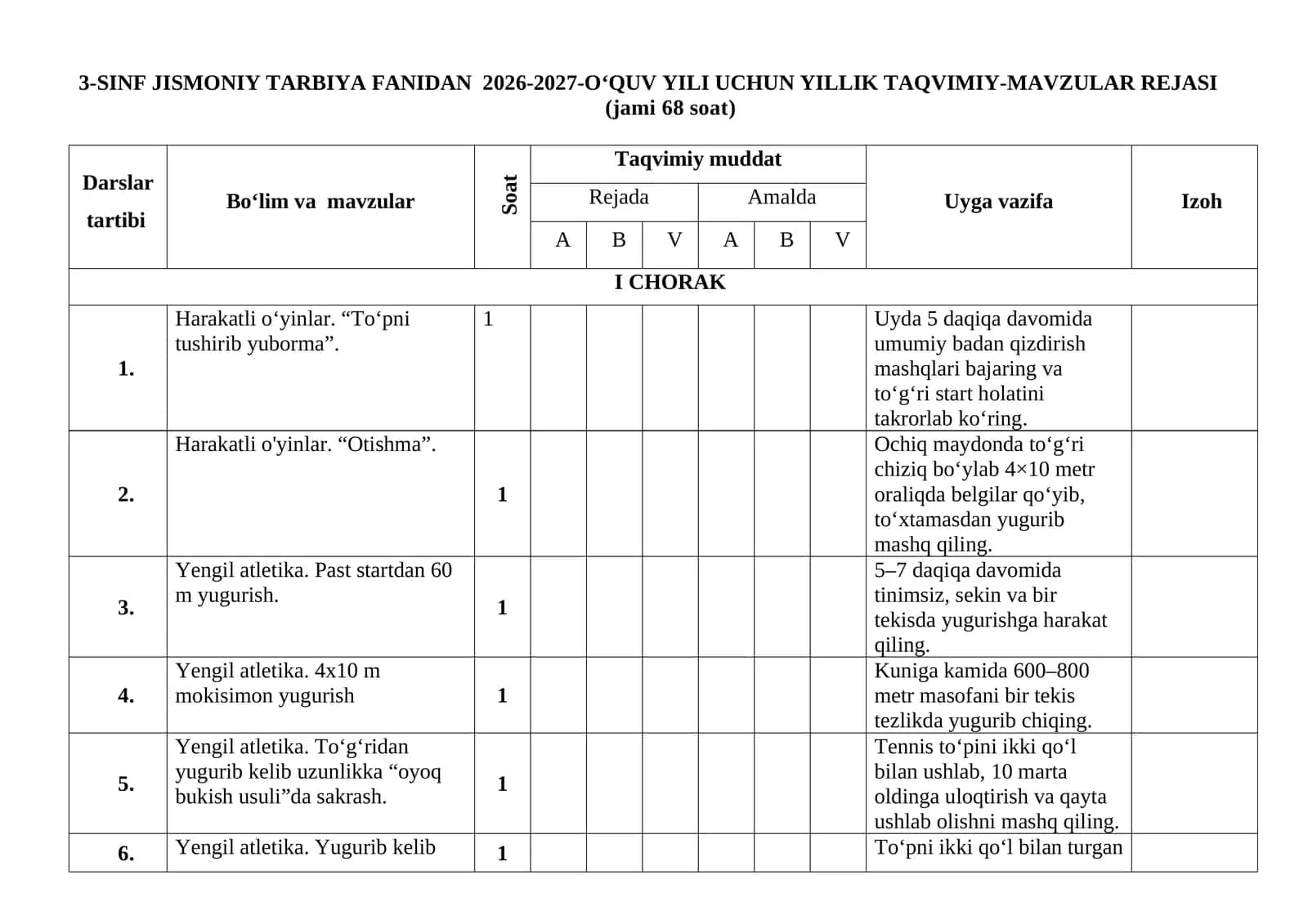 3-sinf jismoniy tarbiya fanidan 2026-2027-o‘quv yili uchun yillik taqvimiy-mavzular rejasi 1