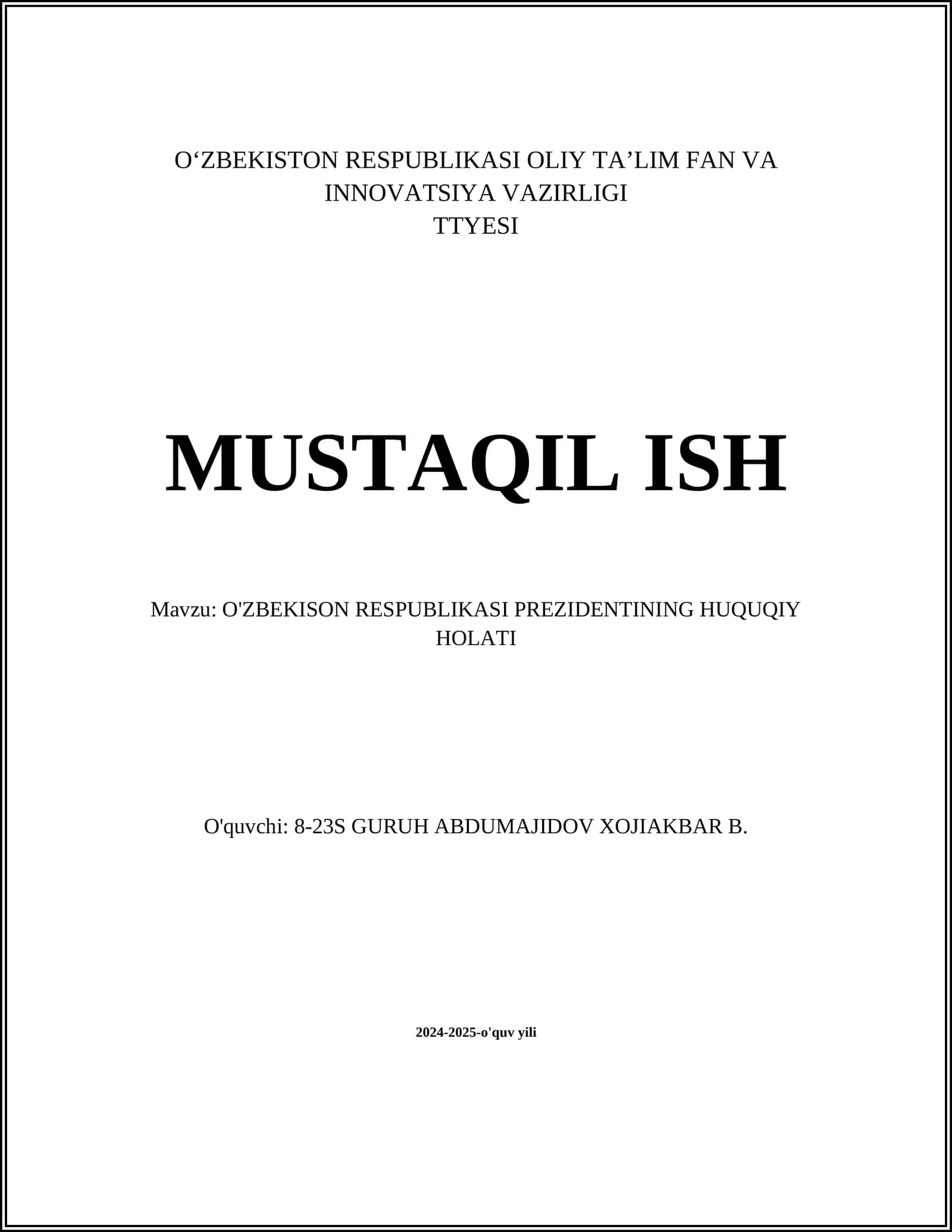 O'ZBEKISON RESPUBLIKASI PREZIDENTINING HUQUQIY HOLATI 1
