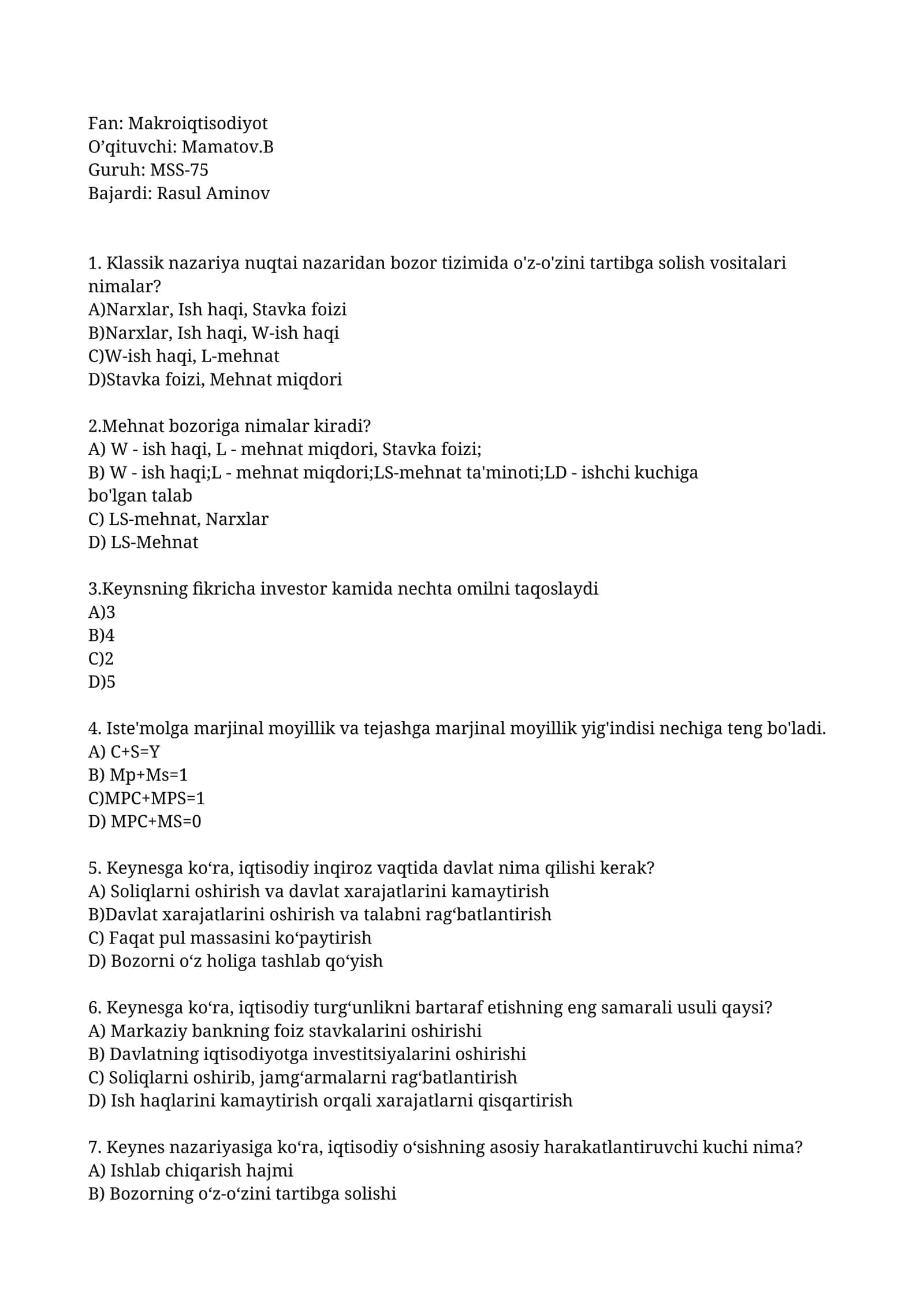 Makroiqtisodiyot Test Savollari 1