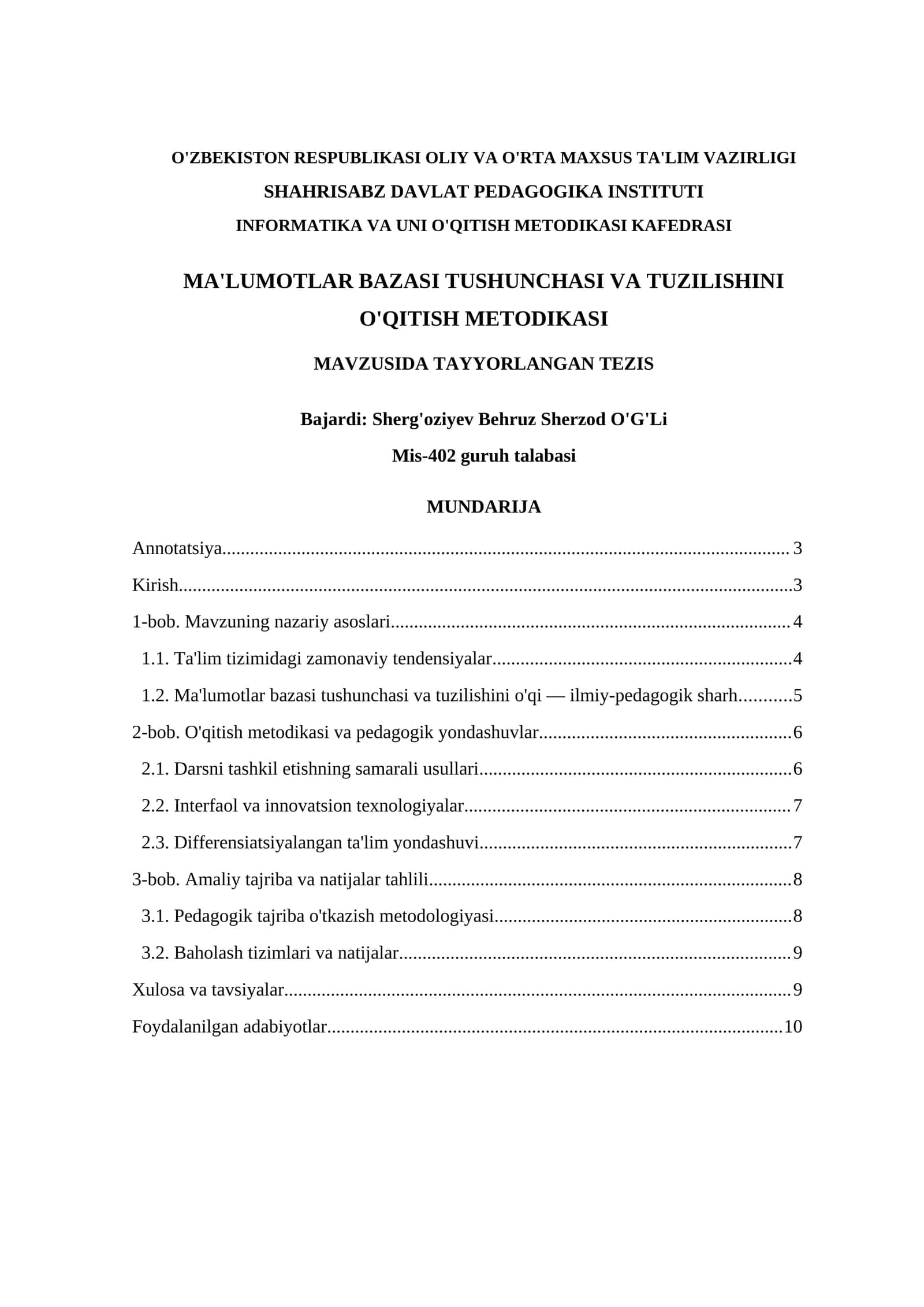MA'LUMOTLAR BAZASI TUSHUNCHASI VA TUZILISHINI O'QITISH METODIKASI 1