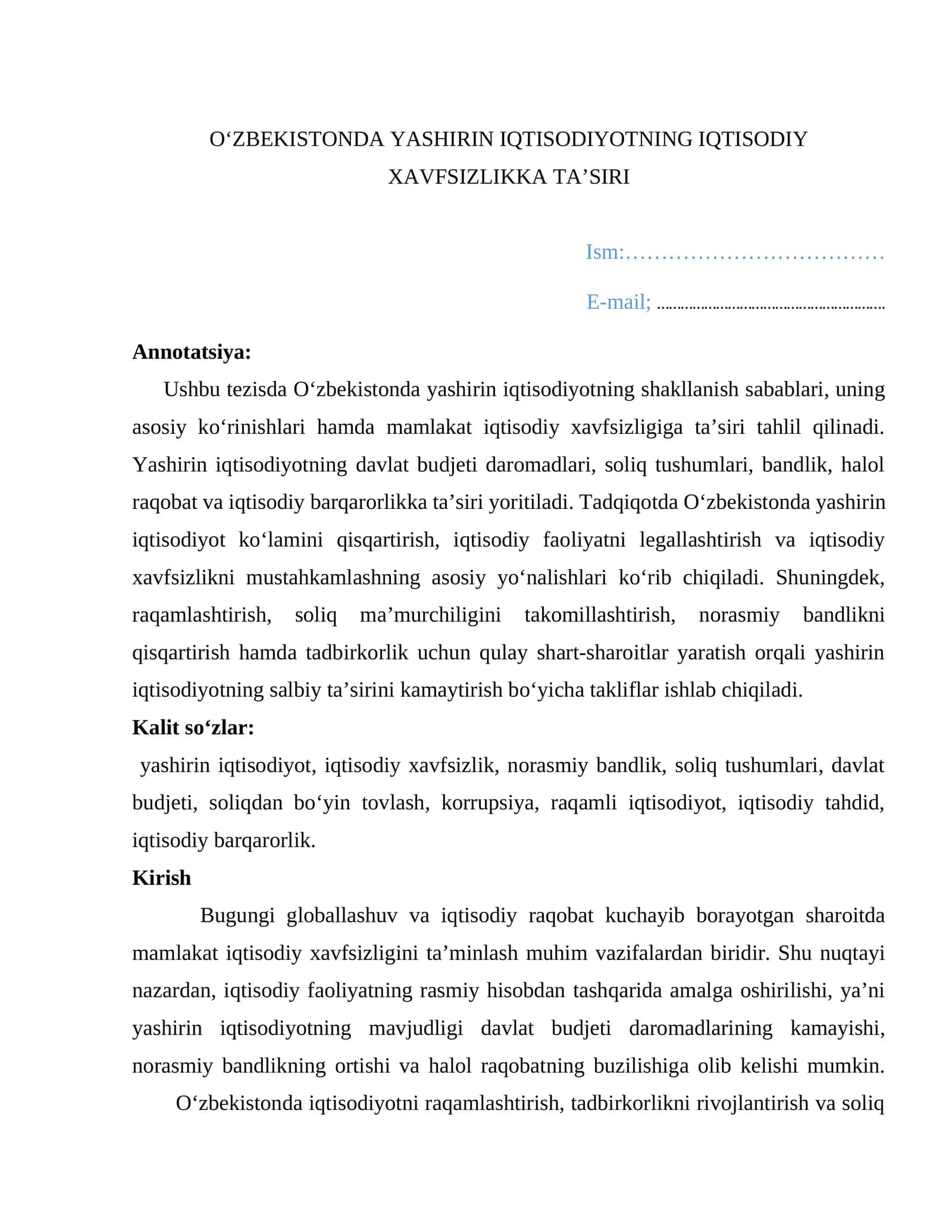 O‘ZBEKISTONDA YASHIRIN IQTISODIYOTNING IQTISODIY XAVFSIZLIKKA TA’SIRI 1