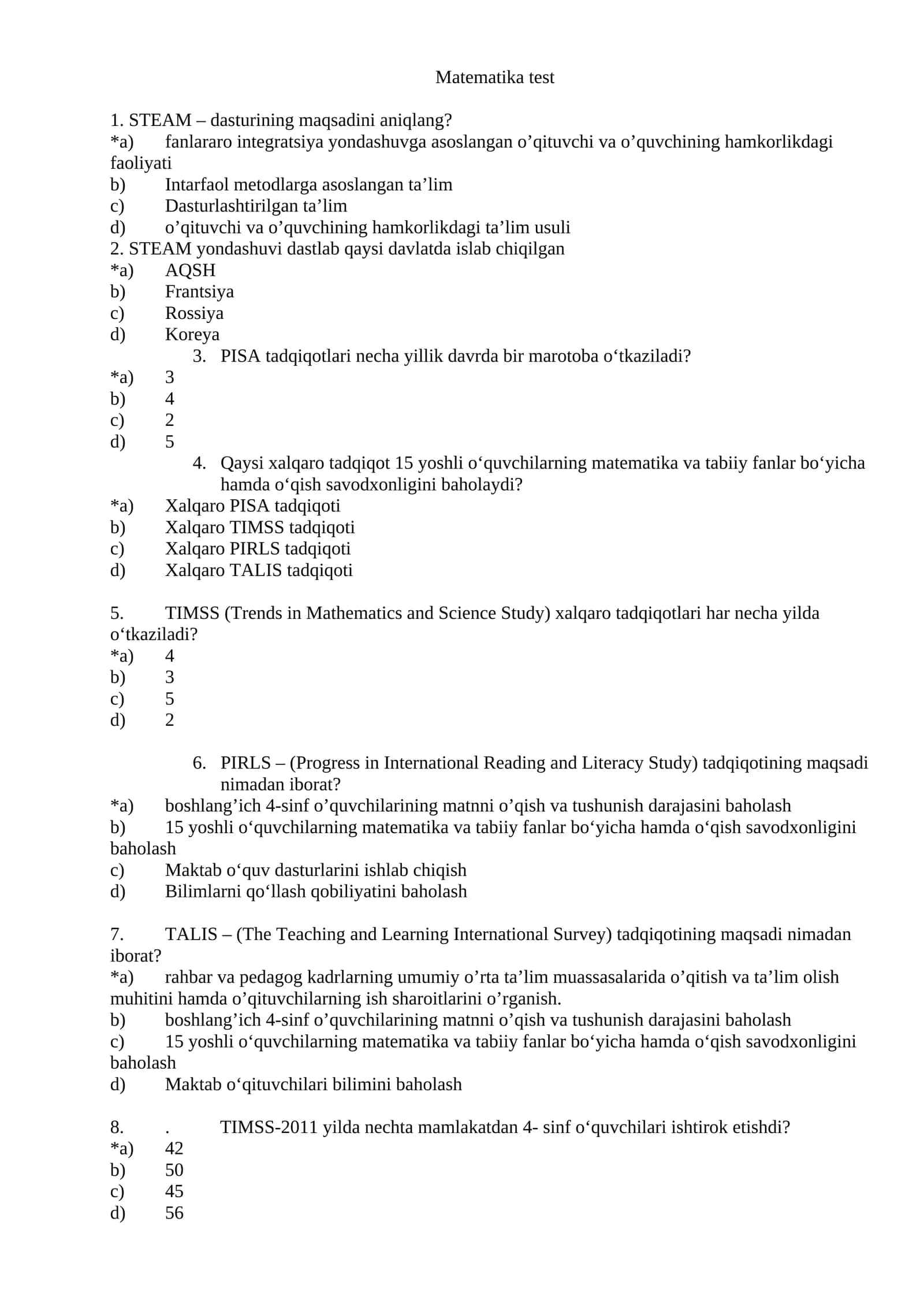 Matematika fanidan mutaxasislik testlari 1