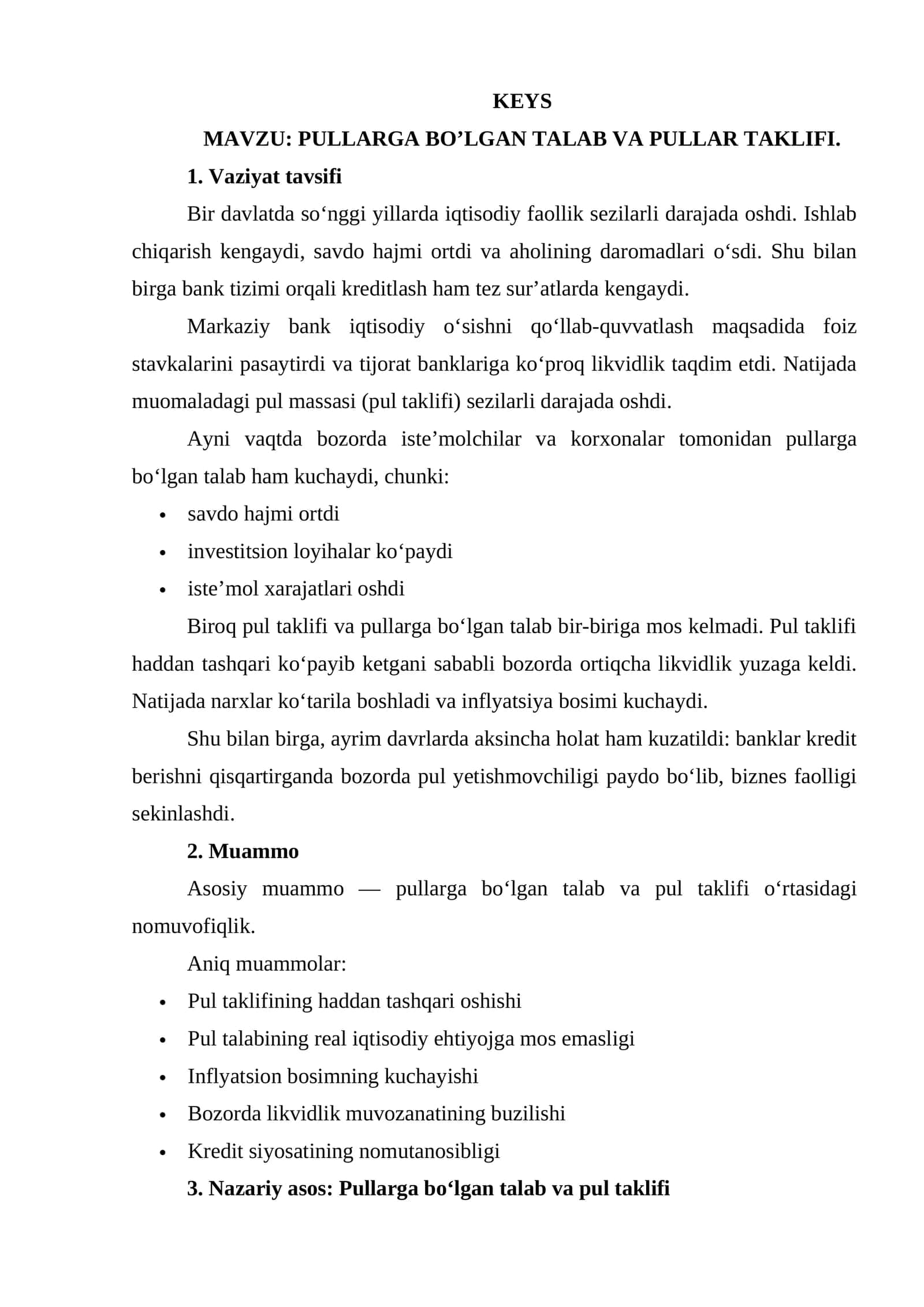 PULLARGA BO’LGAN TALAB VA PULLAR TAKLIFI. Keys 1