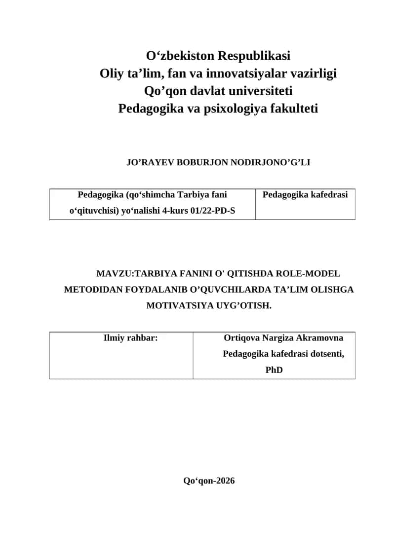 :TARBIYA FANINI O' QITISHDA ROLE-MODEL METODIDAN FOYDALANIB O’QUVCHILARDA TA’LIM OLISHGA MOTIVATSIYA UYG’OTISH. 1