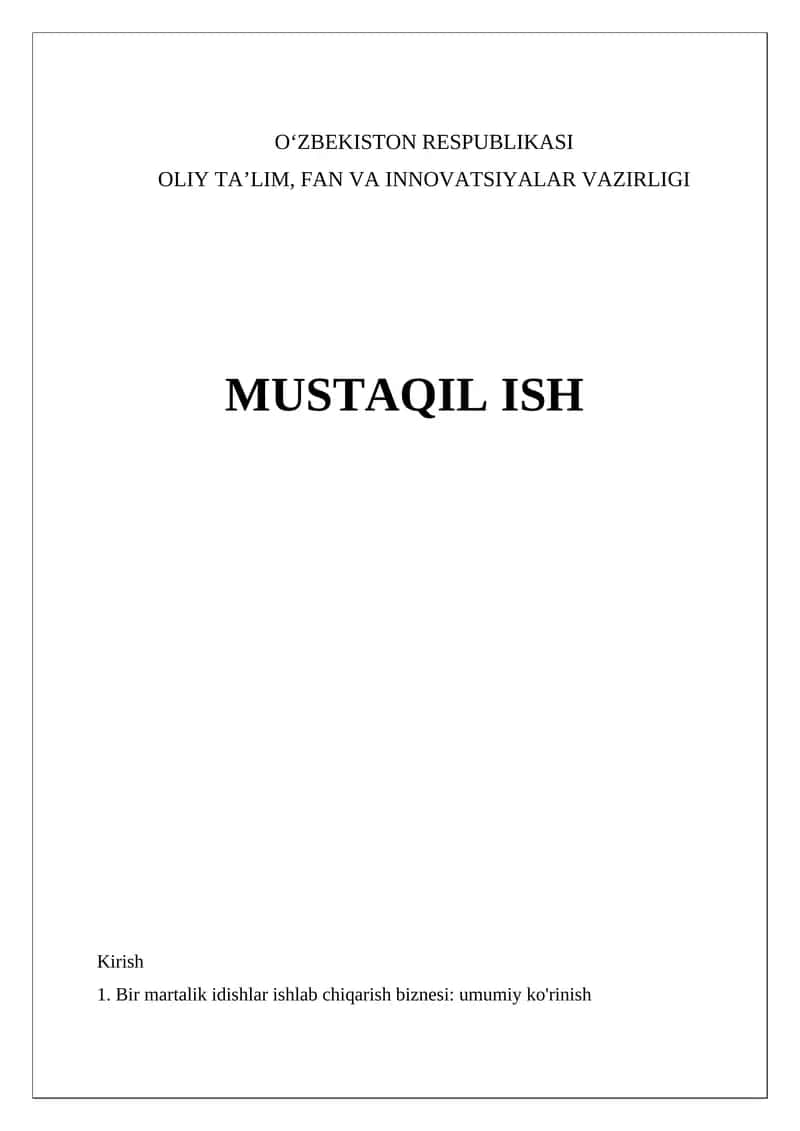 Bir martalik idishlar ishlab chiqarish biznesi 1
