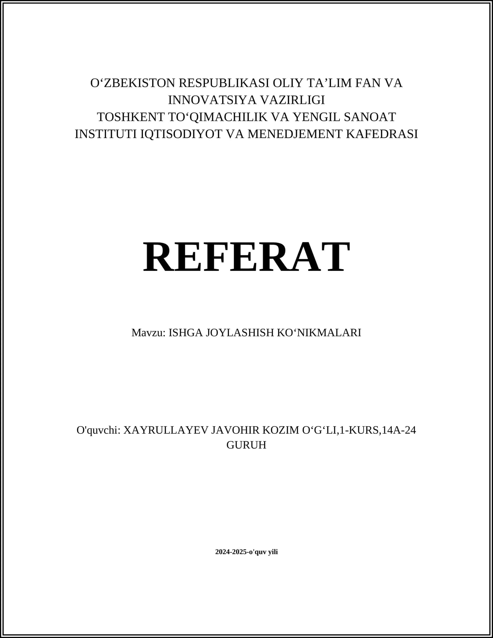 ISHGA JOYLASHISH KOʻNIKMALARI 1