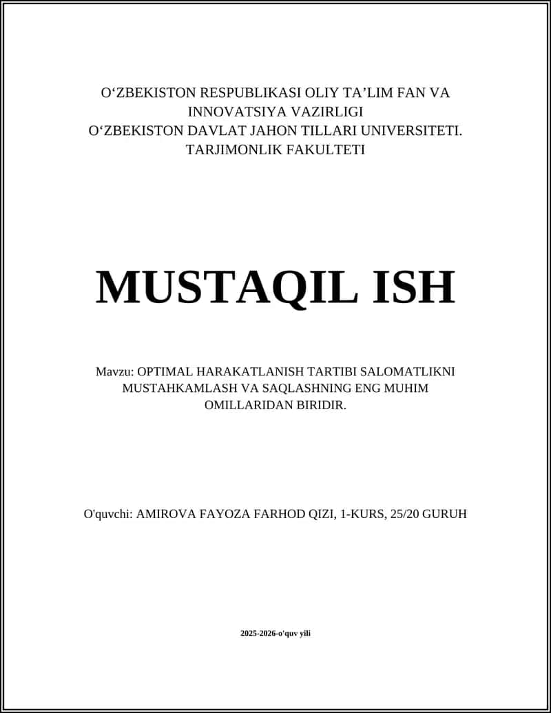 OPTIMAL HARAKATLANISH TARTIBI SALOMATLIKNI MUSTAHKAMLASH VA SAQLASH 1