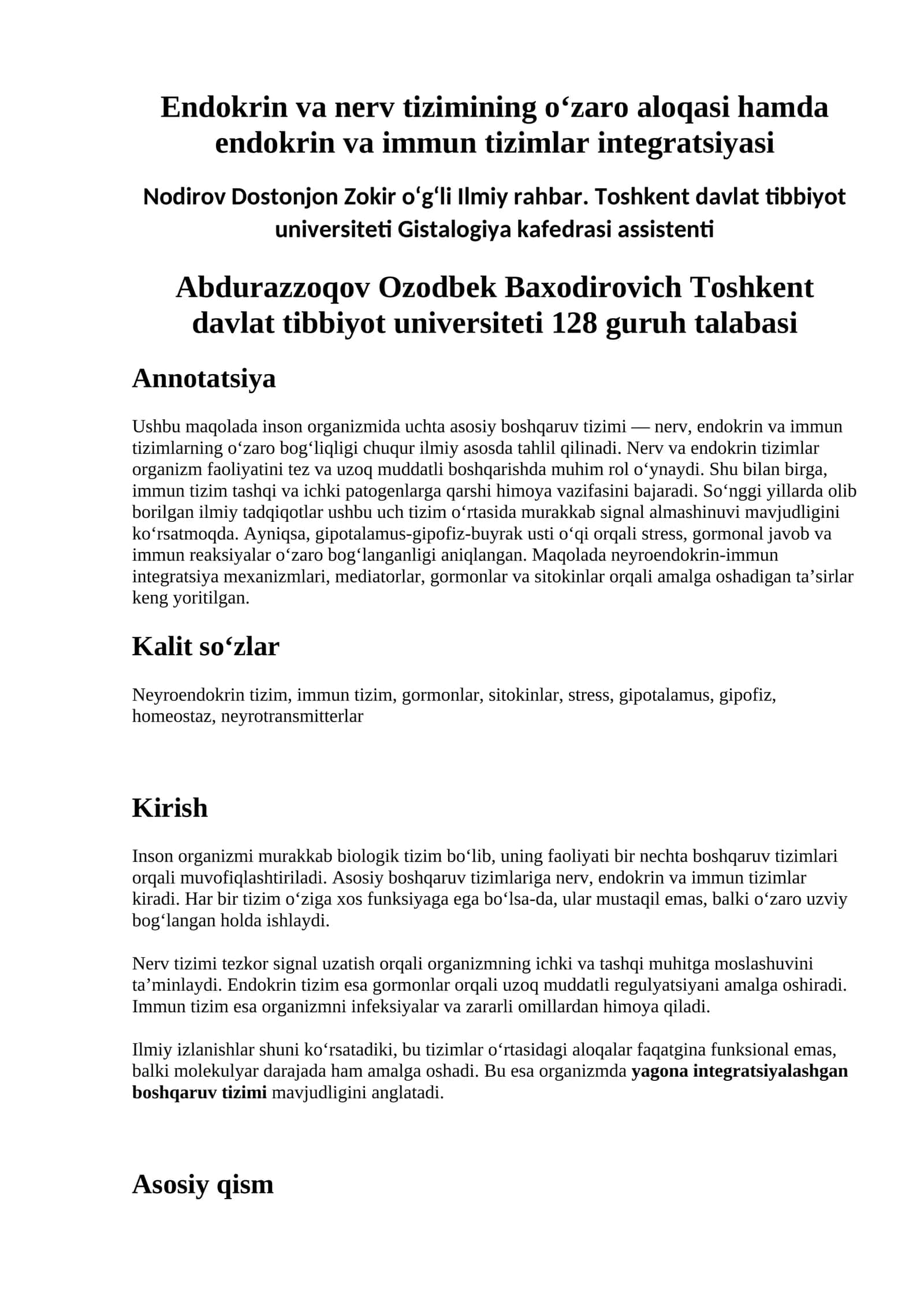 Endokrin va nerv tizimining o‘zaro aloqasi hamda endokrin va immun tizimlar integratsiyasi 1