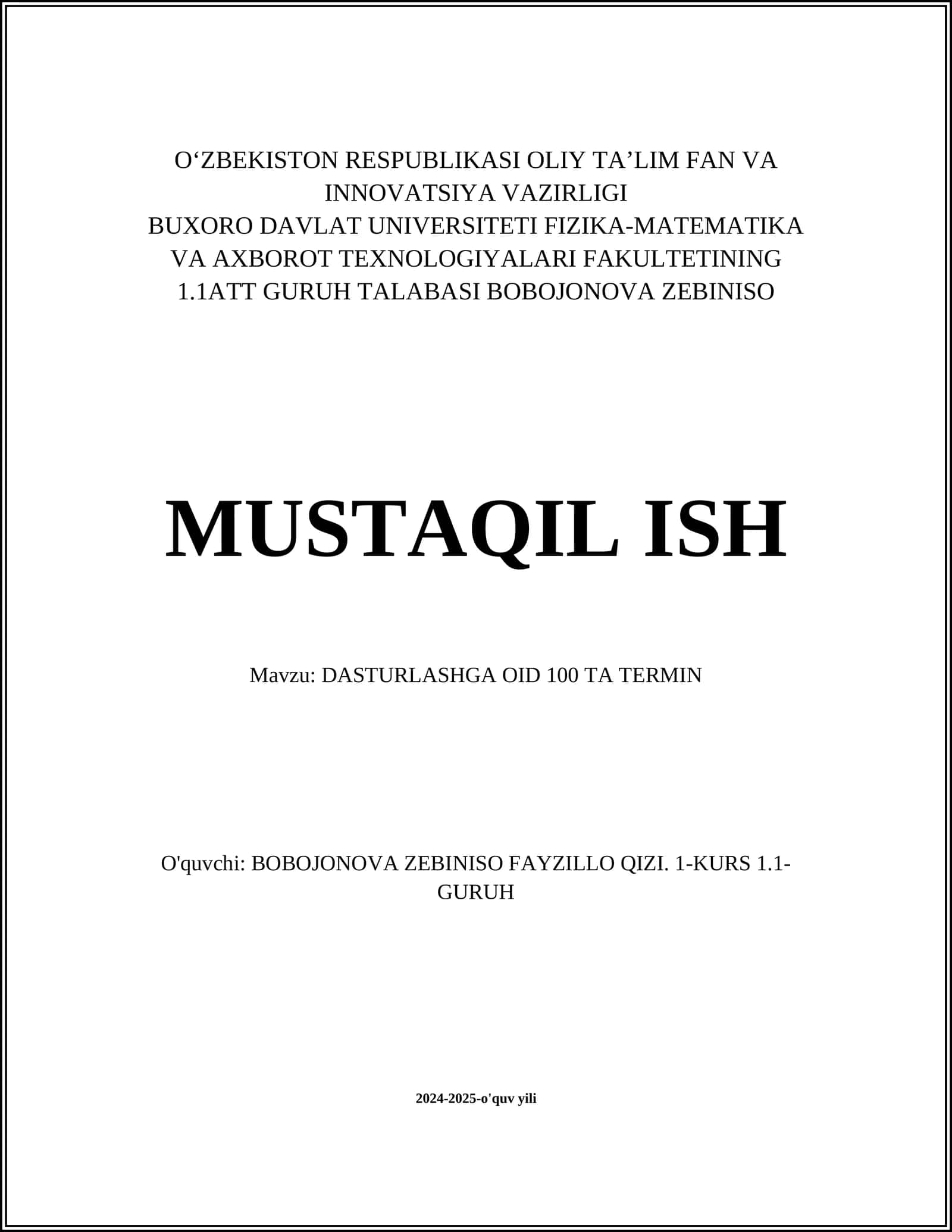 DASTURLASHGA OID 100 TA TERMIN 1