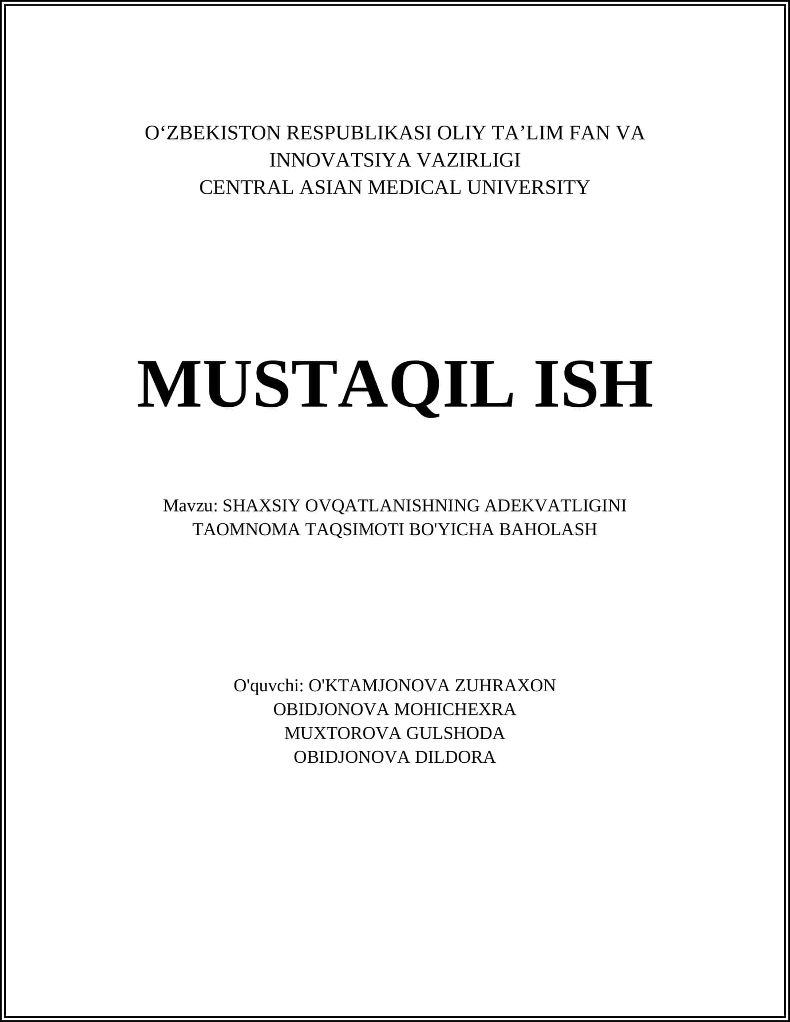 SHAXSIY OVQATLANISHNING ADEKVATLIGINI TAOMNOMA TAQSIMOTI BO'YICHA BAHOLASH 1