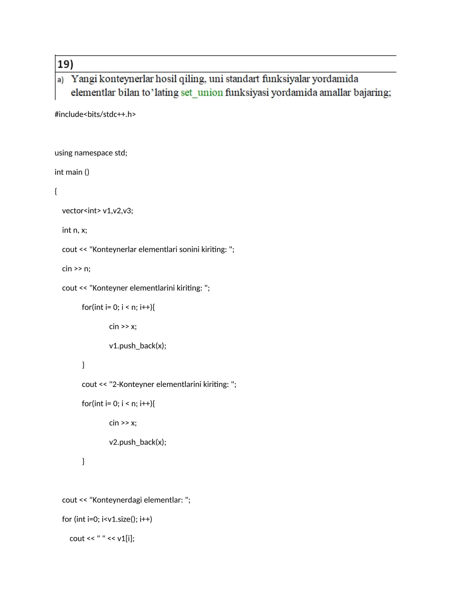 Konteynerlar elementlari sonini kiriting 1
