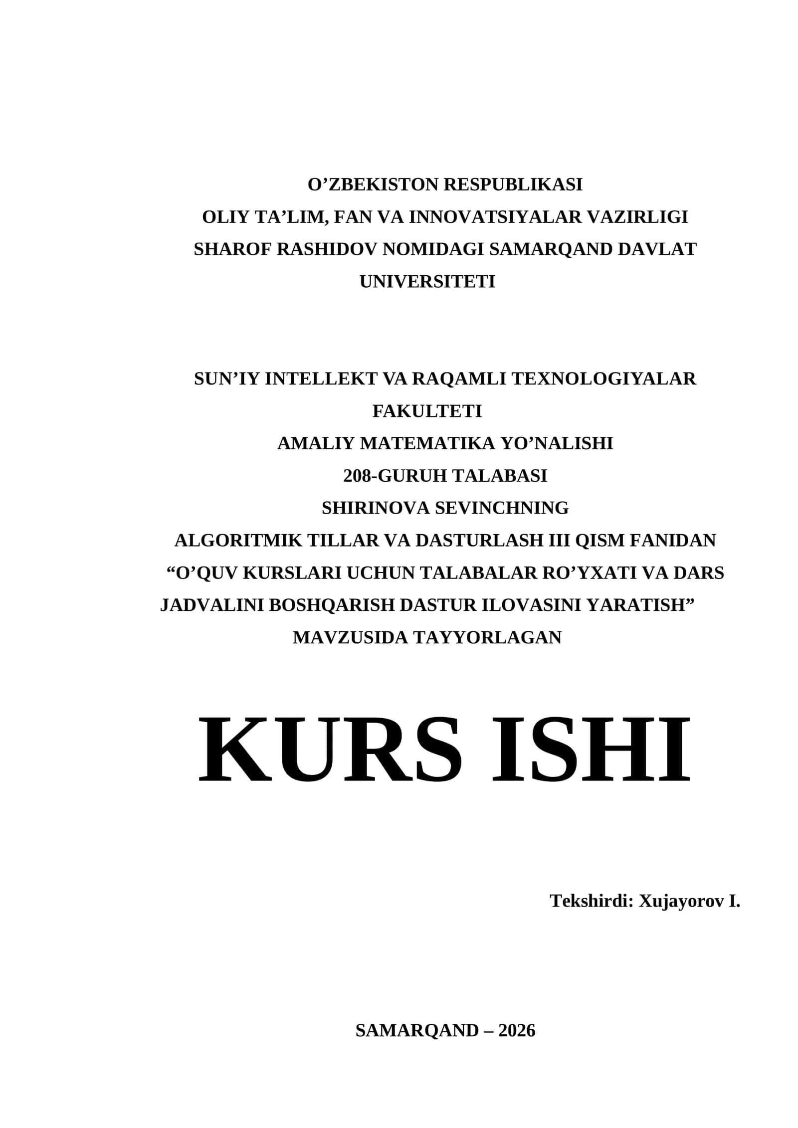 Visual Studio muhitida dasturlash | Kurs ishi - O’QUV KURSLARI UCHUN TALABALAR RO’YXATI VA DARS JADVALINI BOSHQARISH DASTUR ILOVASINI YARATISH 1