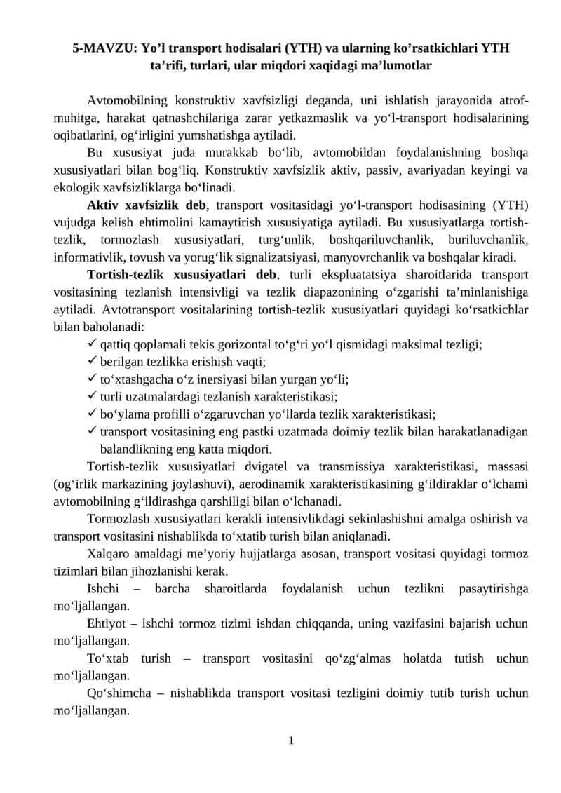 Yo’l transport hodisalari (YTH) va ularning ko’rsatkichlari 1