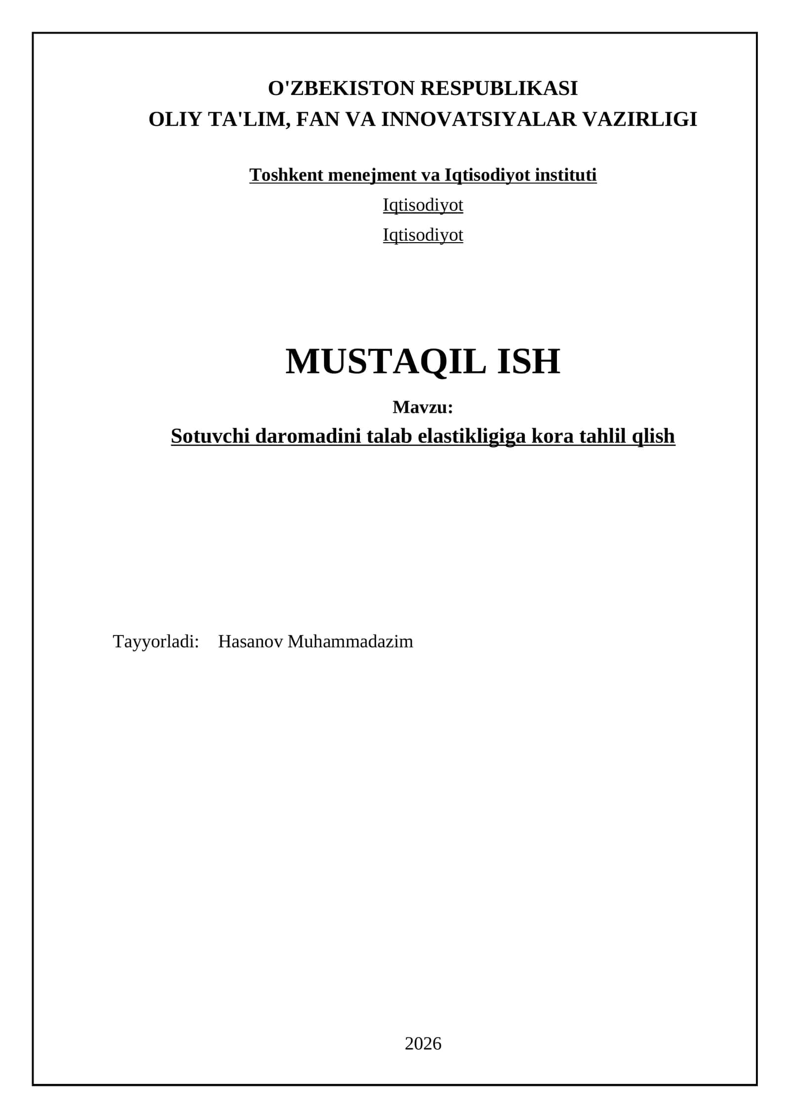 Sotuvchi daromadini talab elastikligiga ko'ra tahlil qilish 1