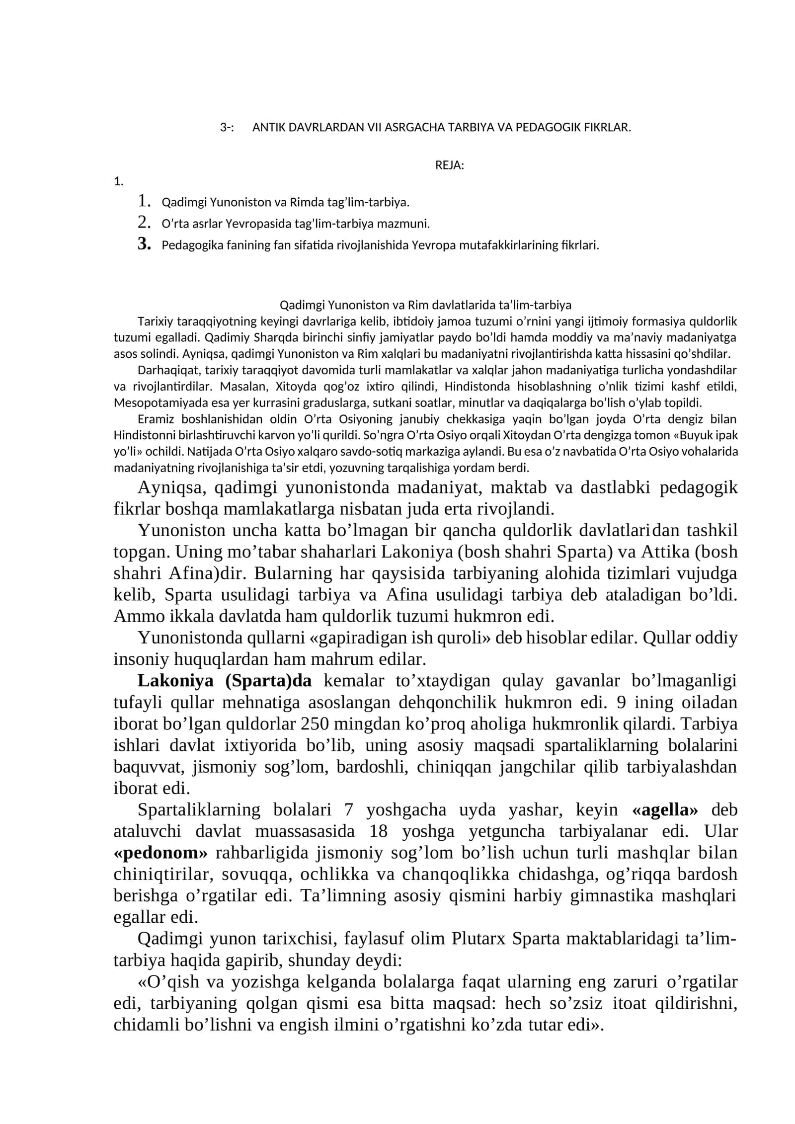 ANTIK DAVRLARDAN VII ASRGACHA TARBIYA VA PEDAGOGIK FIKRLAR 1