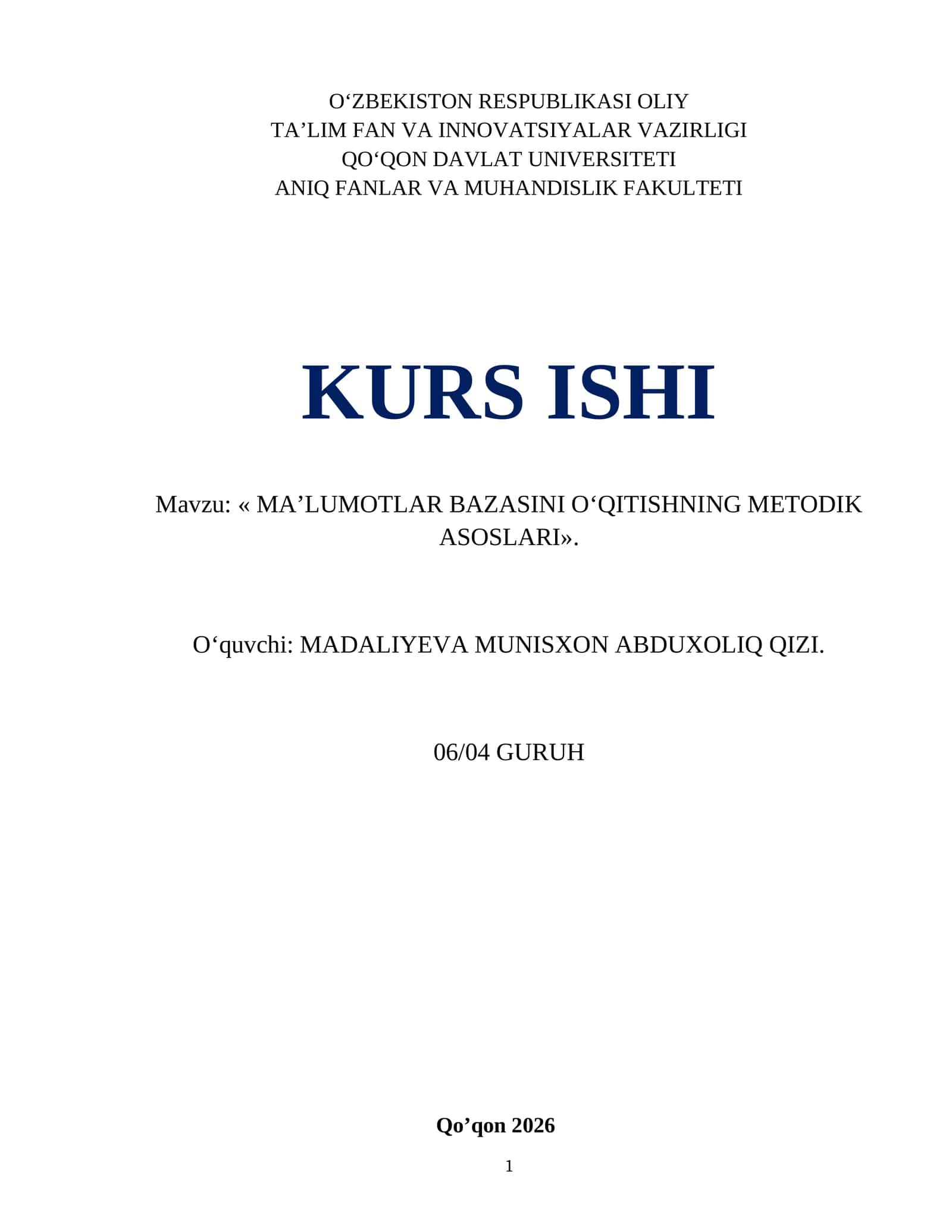 "MAʼLUMOTLAR BAZASINI O‘QITISHNING METODIK ASOSLARI" 1
