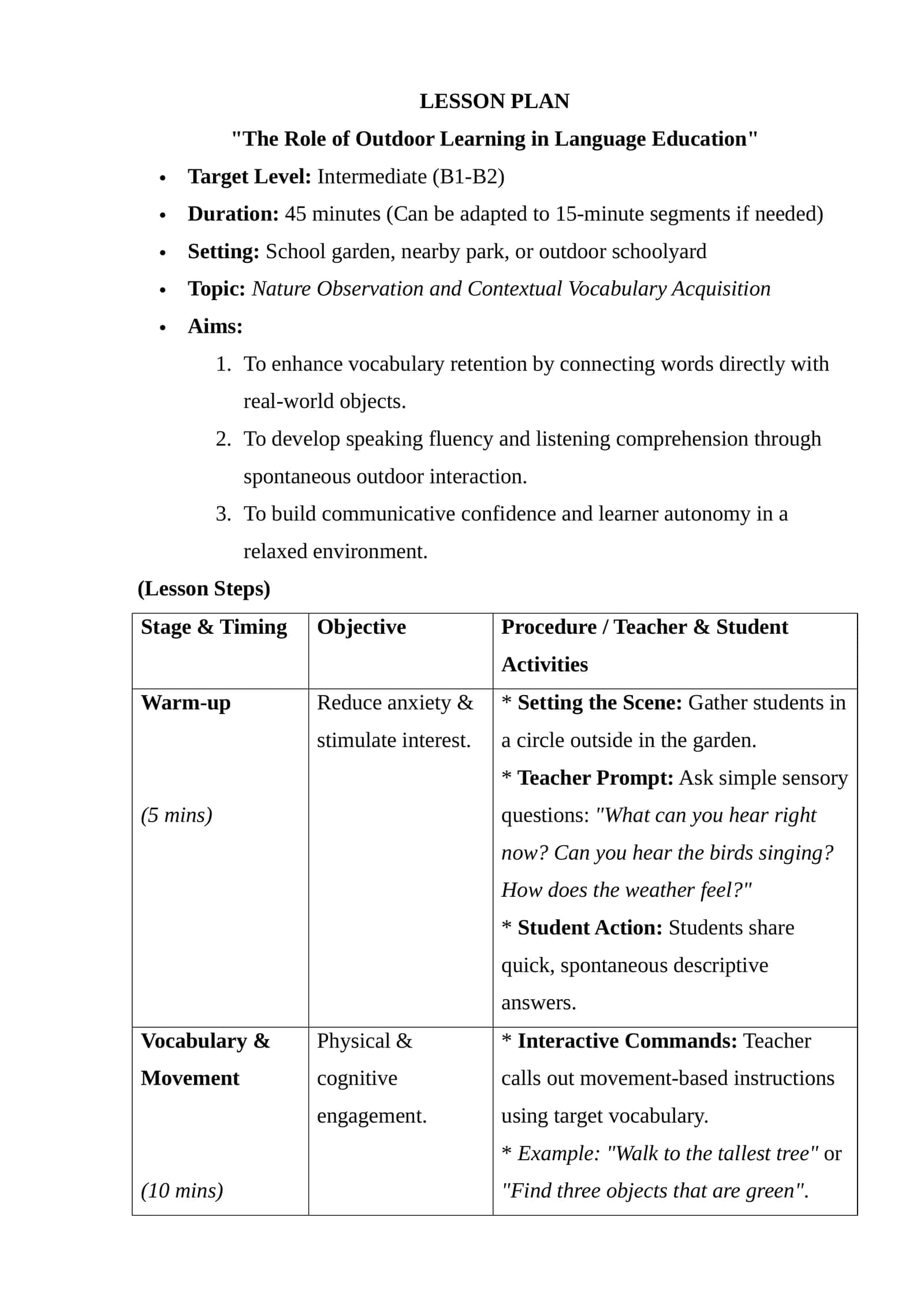 Lesson Plan: "The Role of Outdoor Learning in Language Education" 1