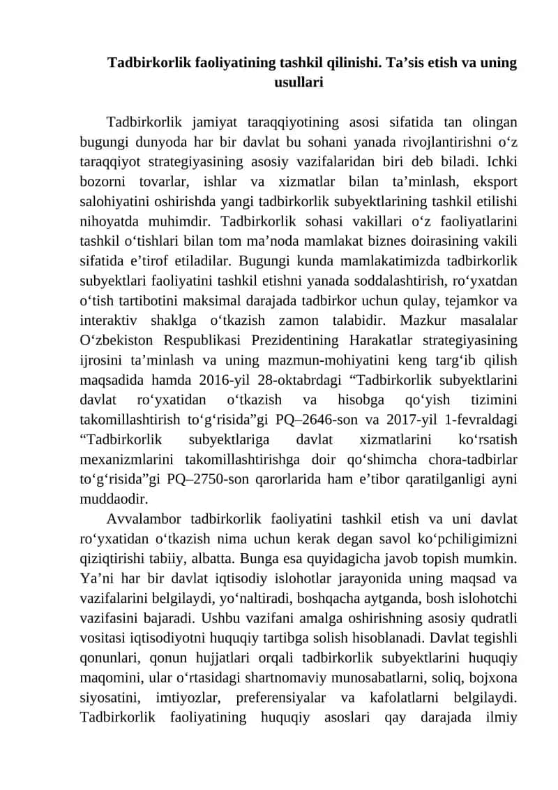 Tadbirkorlik faoliyatining tashkil qilinishi 1