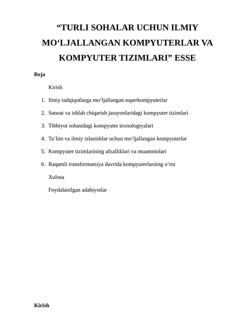 “TURLI SOHALAR UCHUN ILMIY MO‘LJALLANGAN KOMPYUTERLAR VA KOMPYUTER TIZIMLARI” ESSE 1