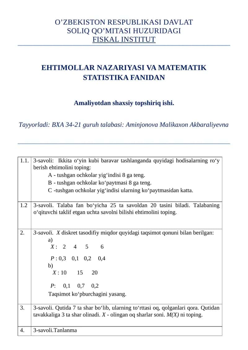 EHTIMOLLAR NAZARIYASI VA MATEMATIK STATISTIKA FANI 1