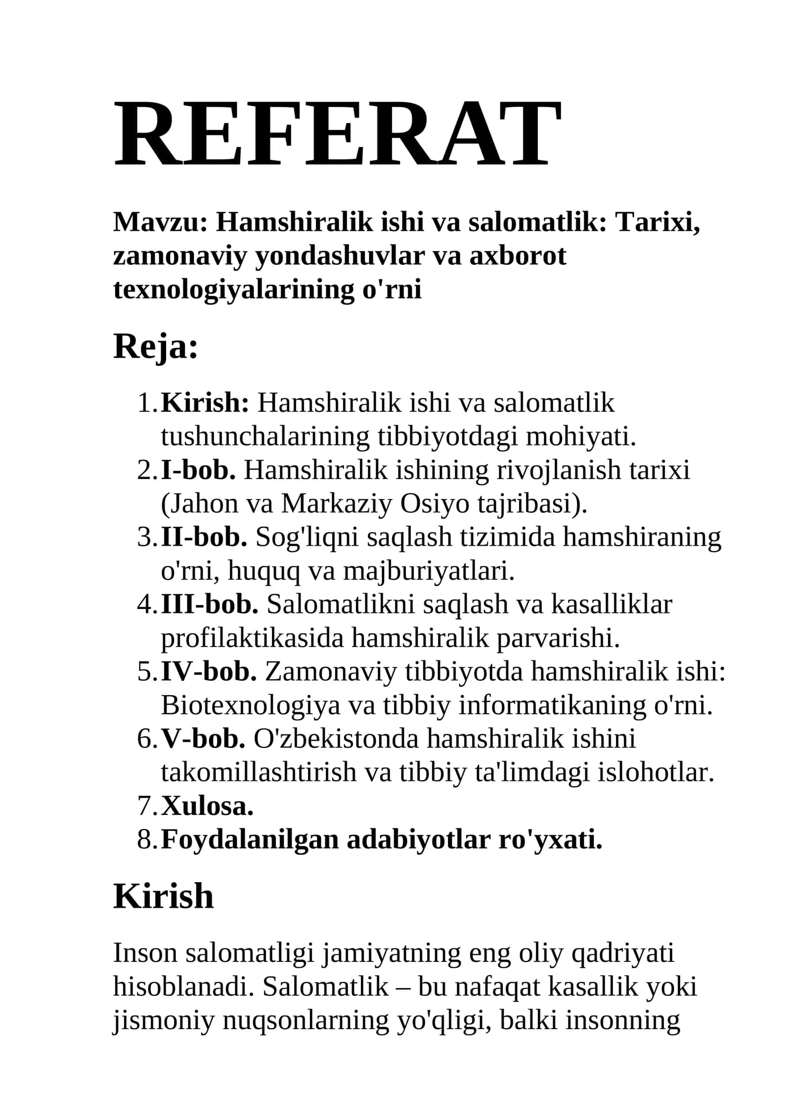 Hamshiralik ishi va salomatlik: Tarixi, zamonaviy yondashuvlar va axborot texnologiyalarining o'rni 1