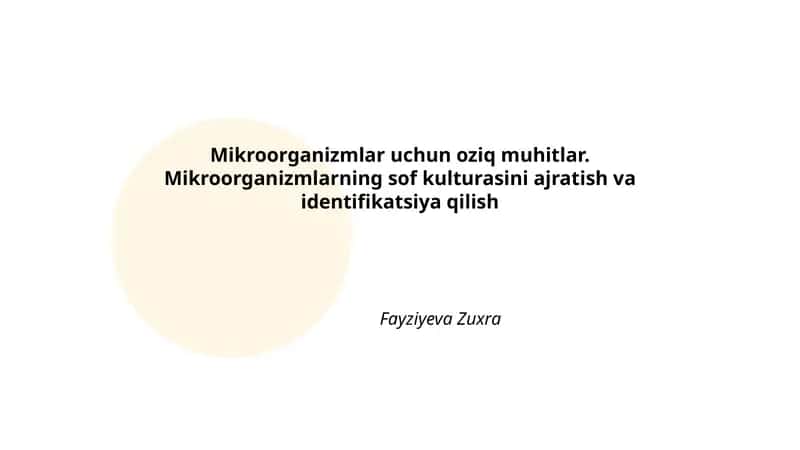 Mikroorganizmlar uchun oziq muhitlar. Mikroorganizmlarning sof kulturasini ajratish va identifikatsiya qilish 1