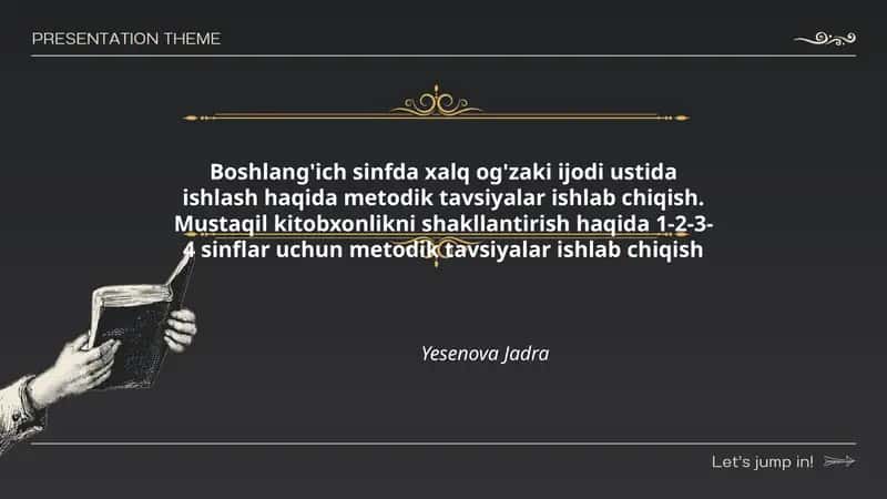 Boshlang'ich sinfda xalq og'zaki ijodi ustida ishlash haqida metodik tavsiyalar ishlab chiqish 1