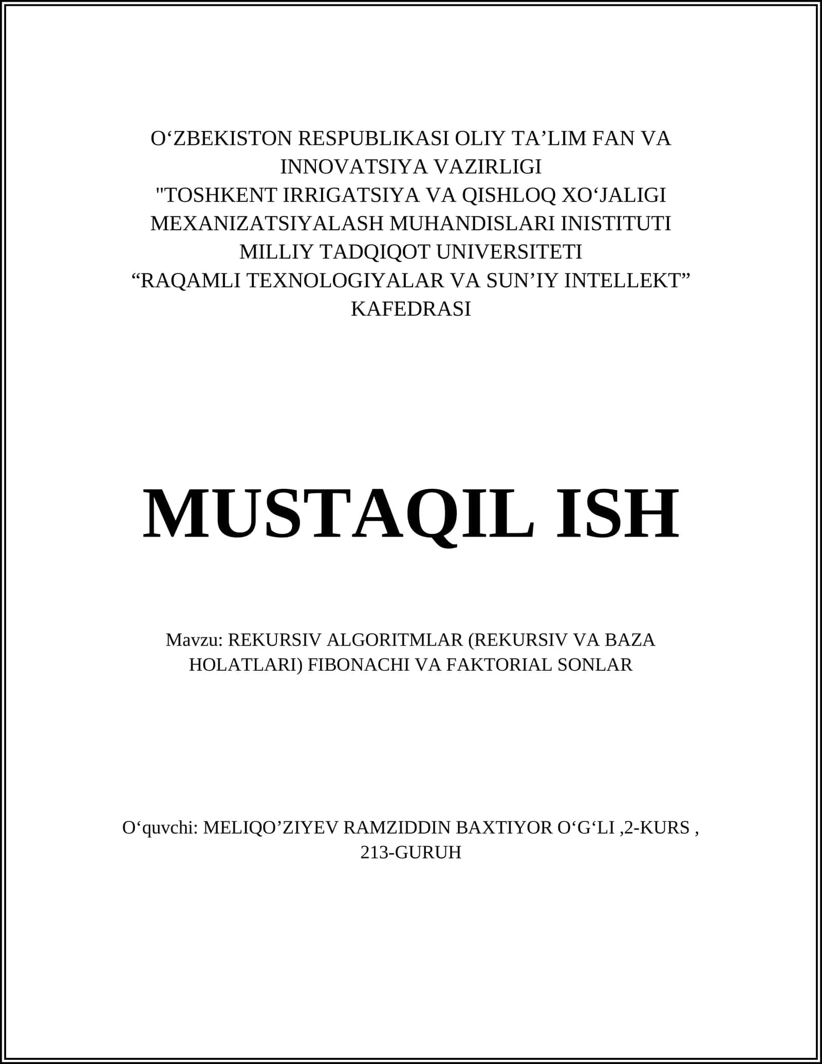 REKURSIV ALGORITMLAR (REKURSIV VA BAZA HOLATLARI) FIBONACHI VA FAKTORIAL SONLAR 1