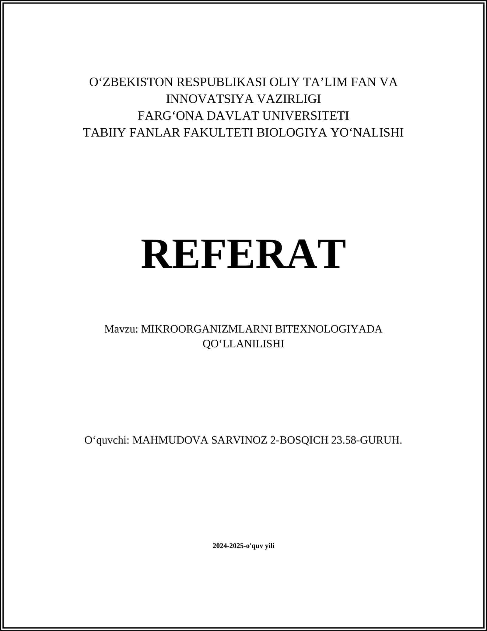 MIKROORGANIZMLARNI BITEXNOLOGIYADA QOʻLLANILISHI 1