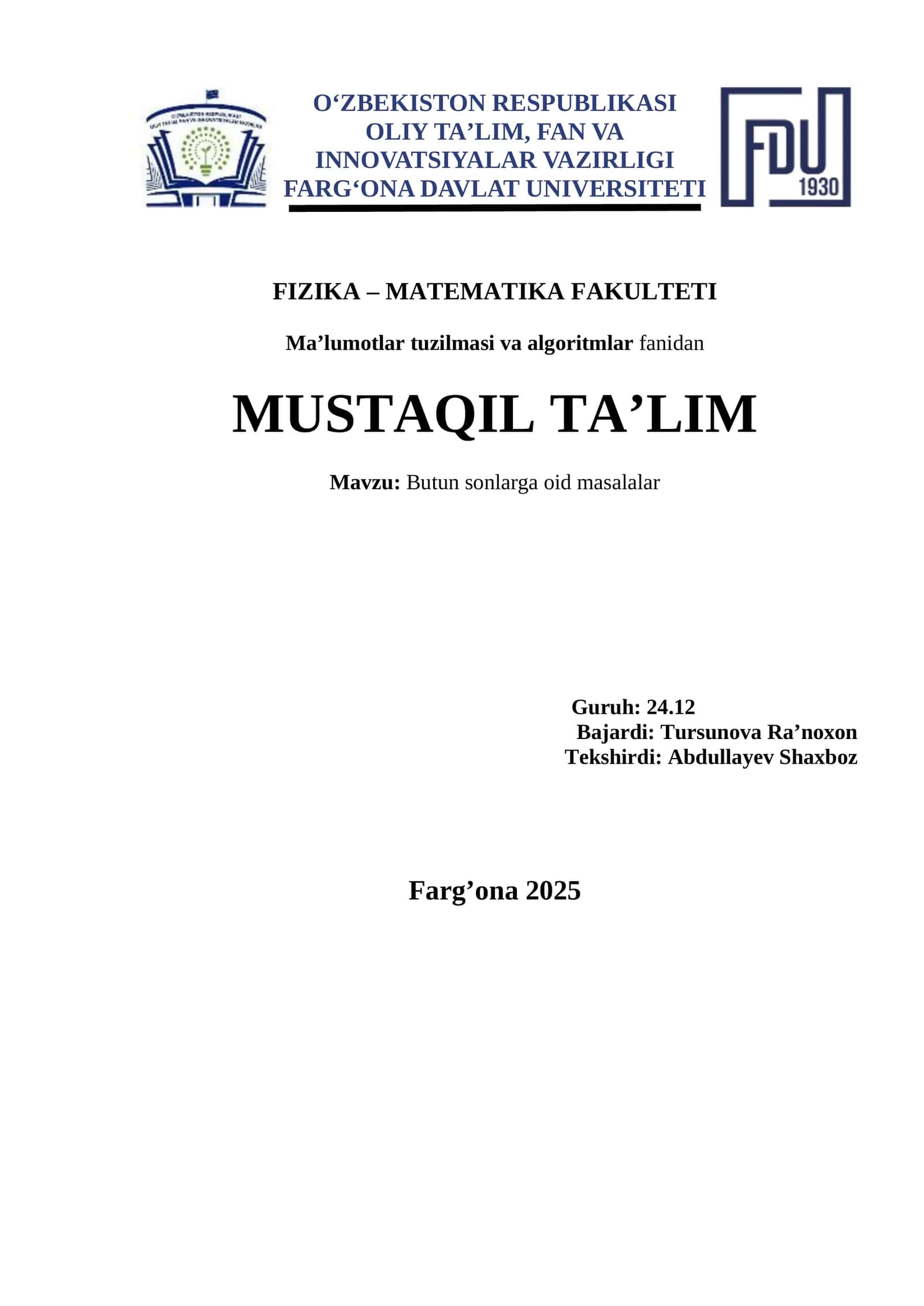 Butun sonlarga oid masalalar 1