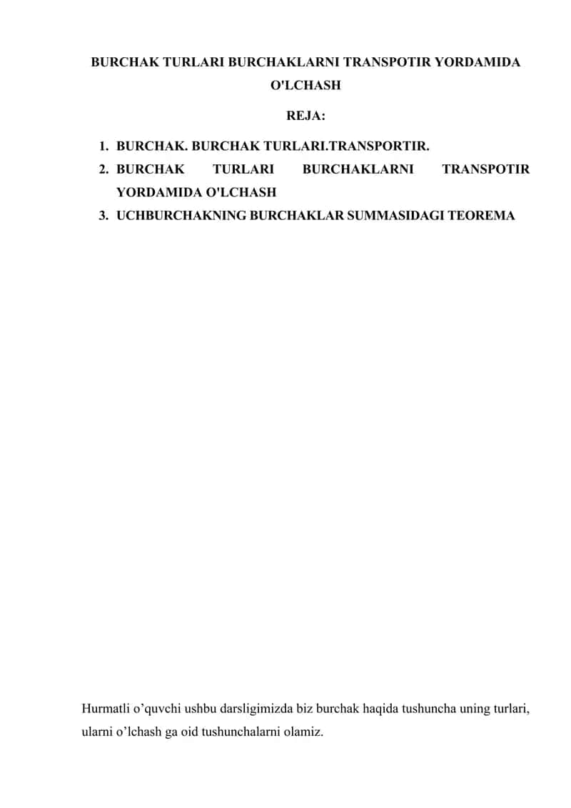 BURCHAK TURLARI BURCHAKLARNI TRANSPOTIR YORDAMIDA O'LCHASH 1