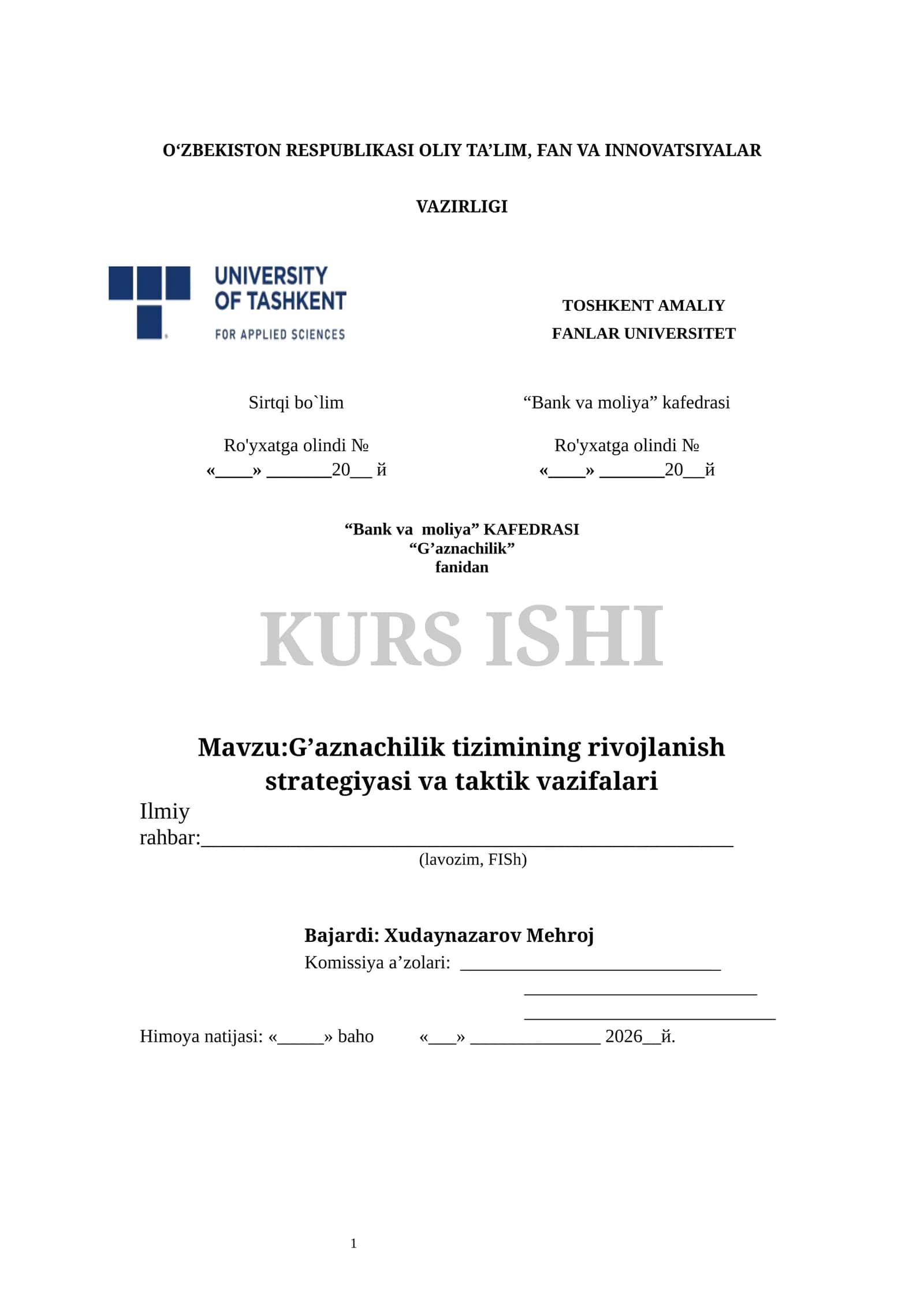G’aznachilik tizimining rivojlanish strategiyasi va taktik vazifalari 1