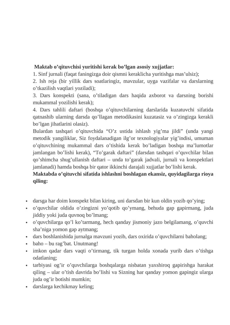 Maktab o’qituvchisi yuritishi kerak bo’lgan asosiy xujjatlar 1